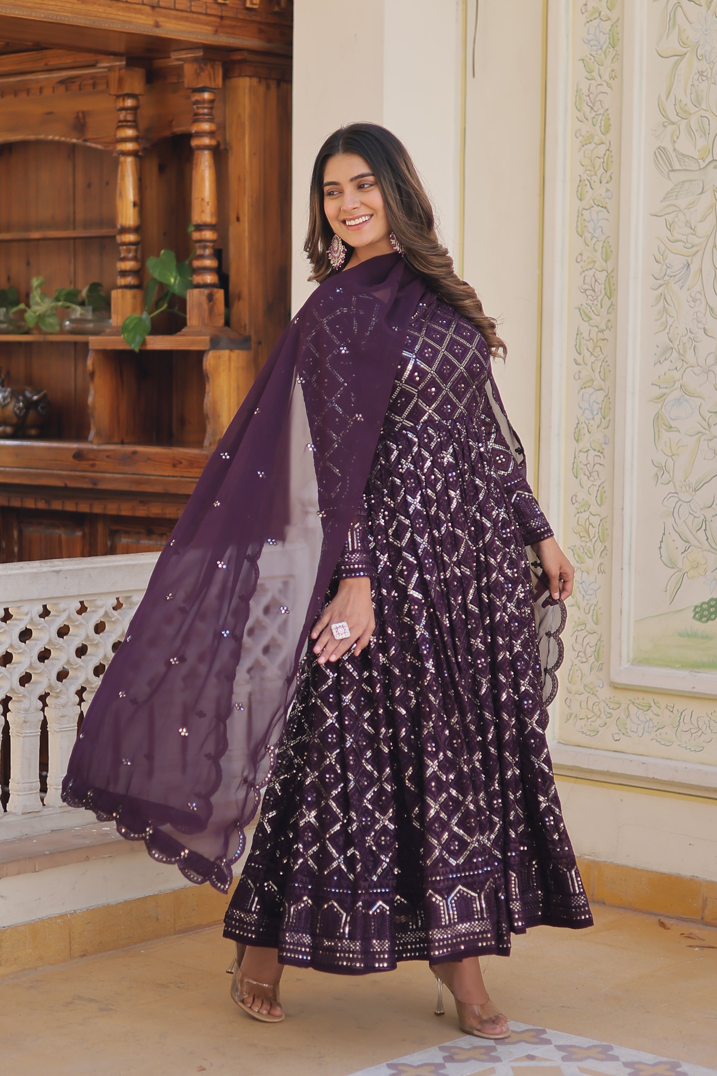Wine Sequence Work Gown with Dupatta