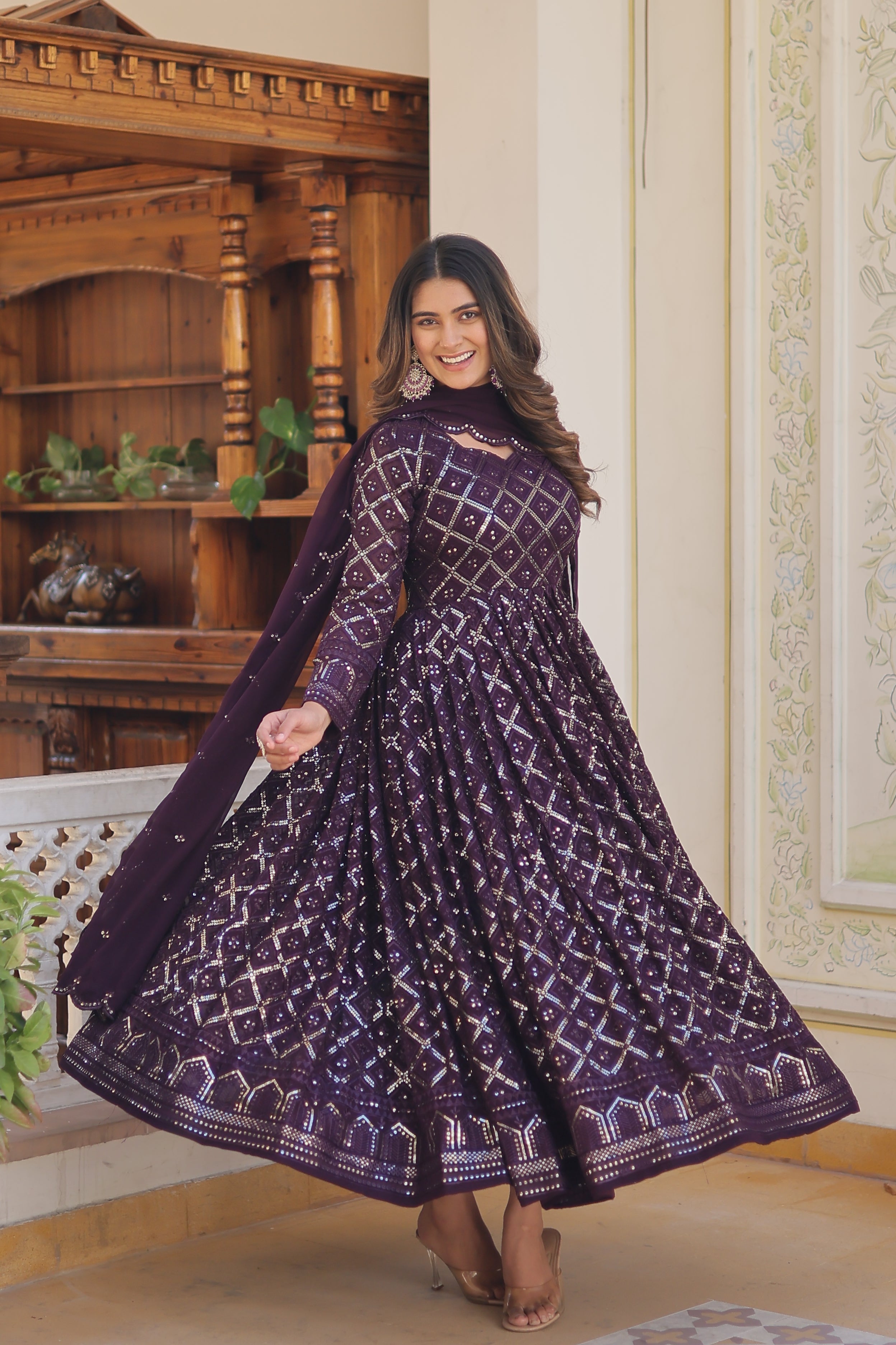 Wine Sequence Work Gown with Dupatta