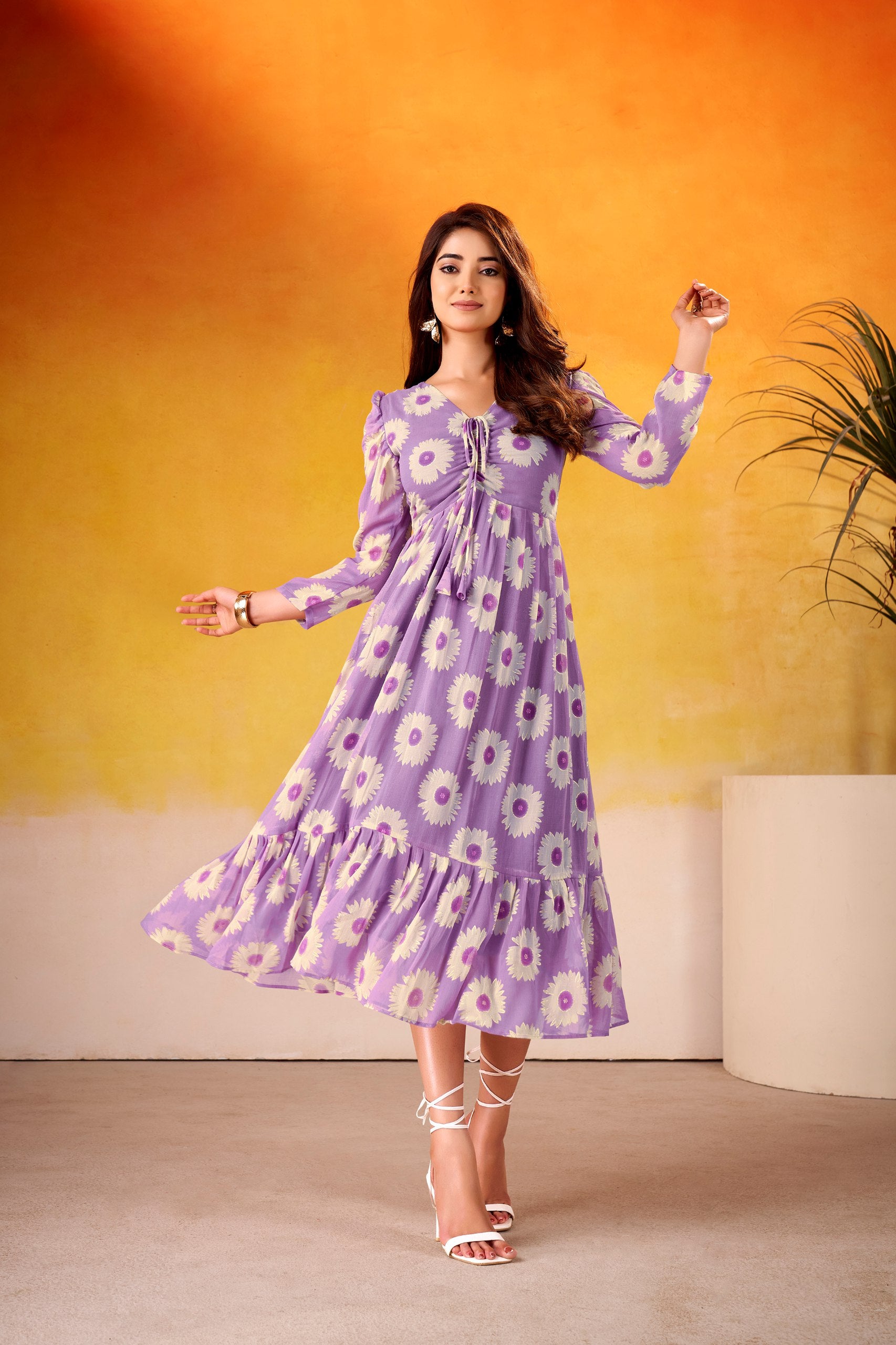 Lavender Girlish Frock - Floral Print Midi Gown | Nardev Fashion
