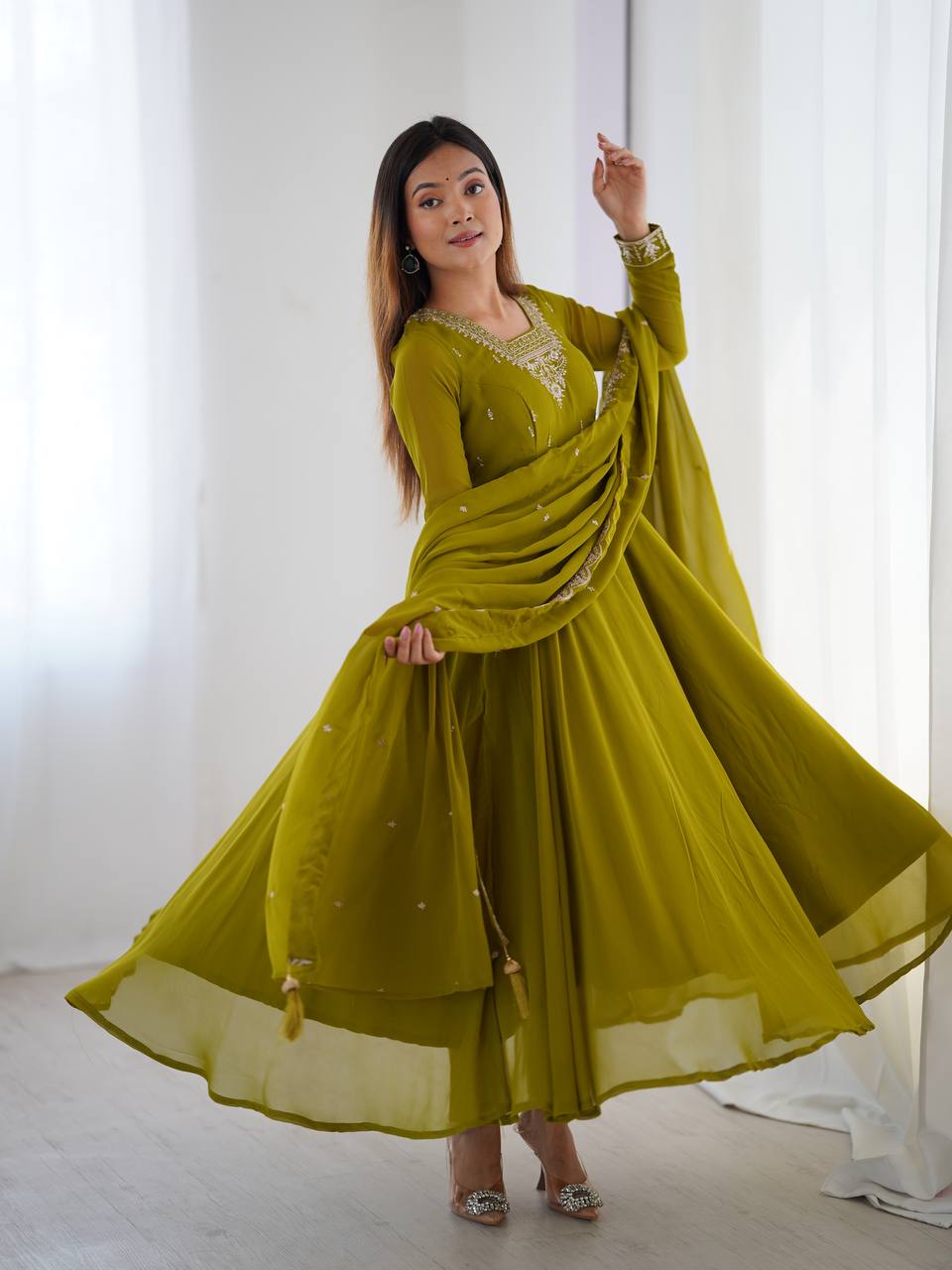 MahendiGreen Color Flaired Anarkali Ehtnic Gown Set