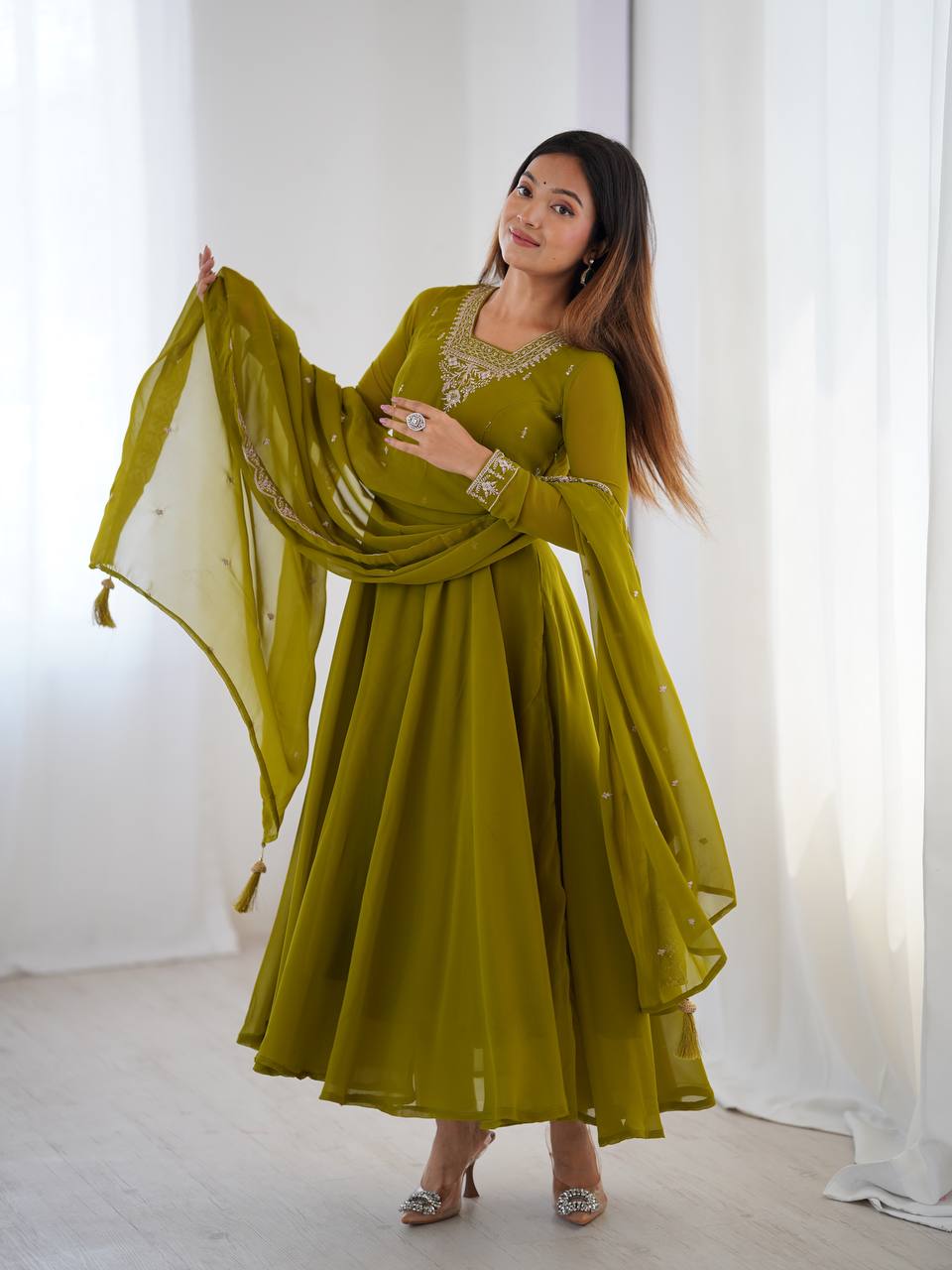 MahendiGreen Color Flaired Anarkali Ehtnic Gown Set SIZE S M L XL XXL