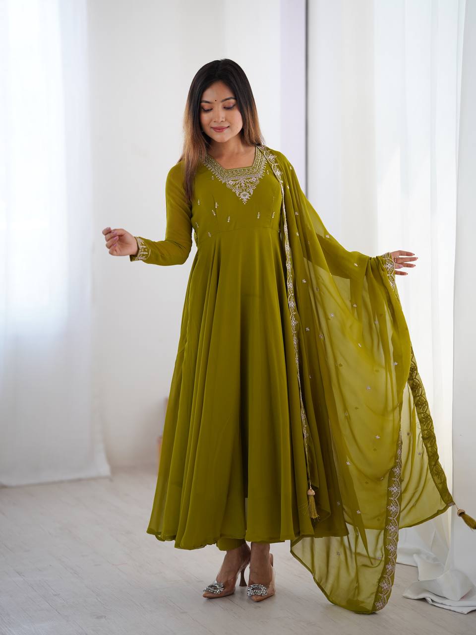 MahendiGreen Color Flaired Anarkali Ehtnic Gown Set SIZE S M L XL XXL