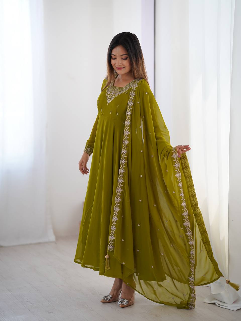 MahendiGreen Color Flaired Anarkali Ehtnic Gown Set SIZE S M L XL XXL