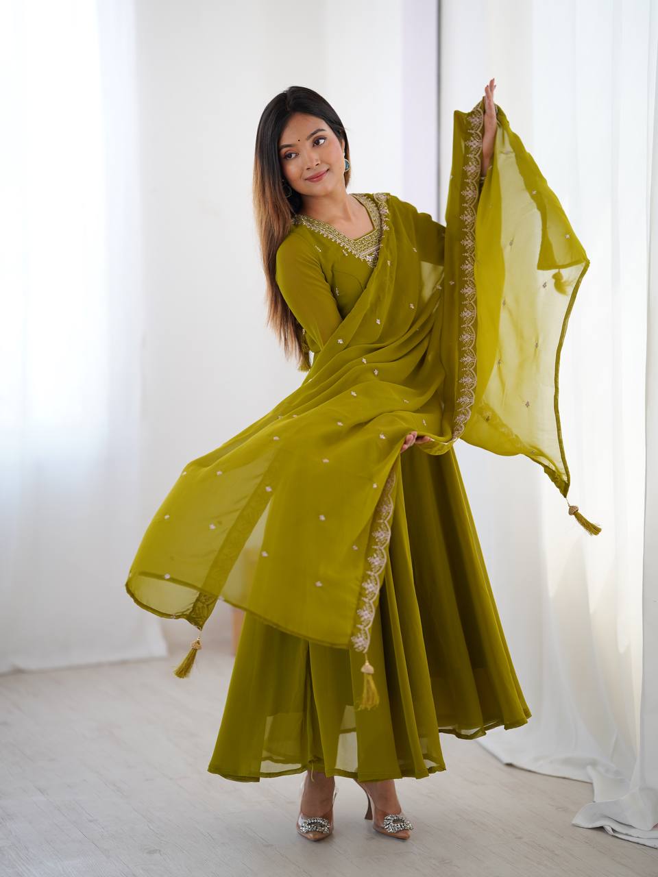 MahendiGreen Color Flaired Anarkali Ehtnic Gown Set SIZE S M L XL XXL