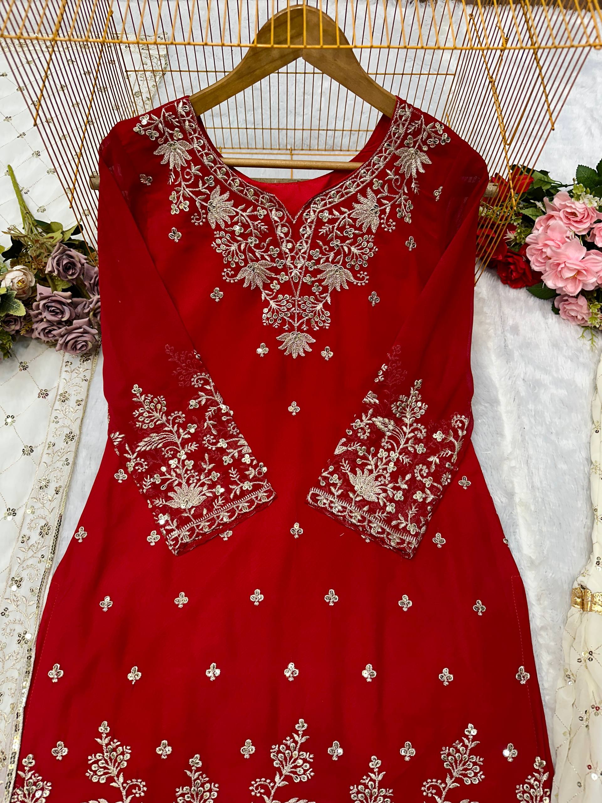 Maroon Partywear Top Plazzo Dupatta Set | Nardev Fashion