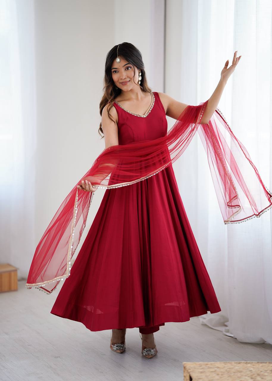 Maroon Color Roman Silk Chanderi Anarkali Gown Set - Aarti Chauhan