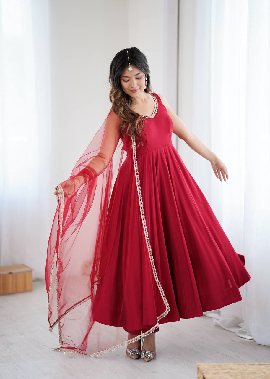 Maroon Color Roman Silk Chanderi Anarkali Gown Set - Aarti Chauhan