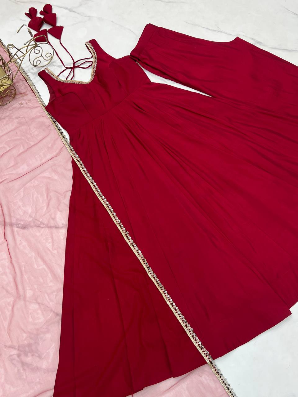 Maroon Color Roman Silk Chanderi Anarkali Gown Set - Aarti Chauhan