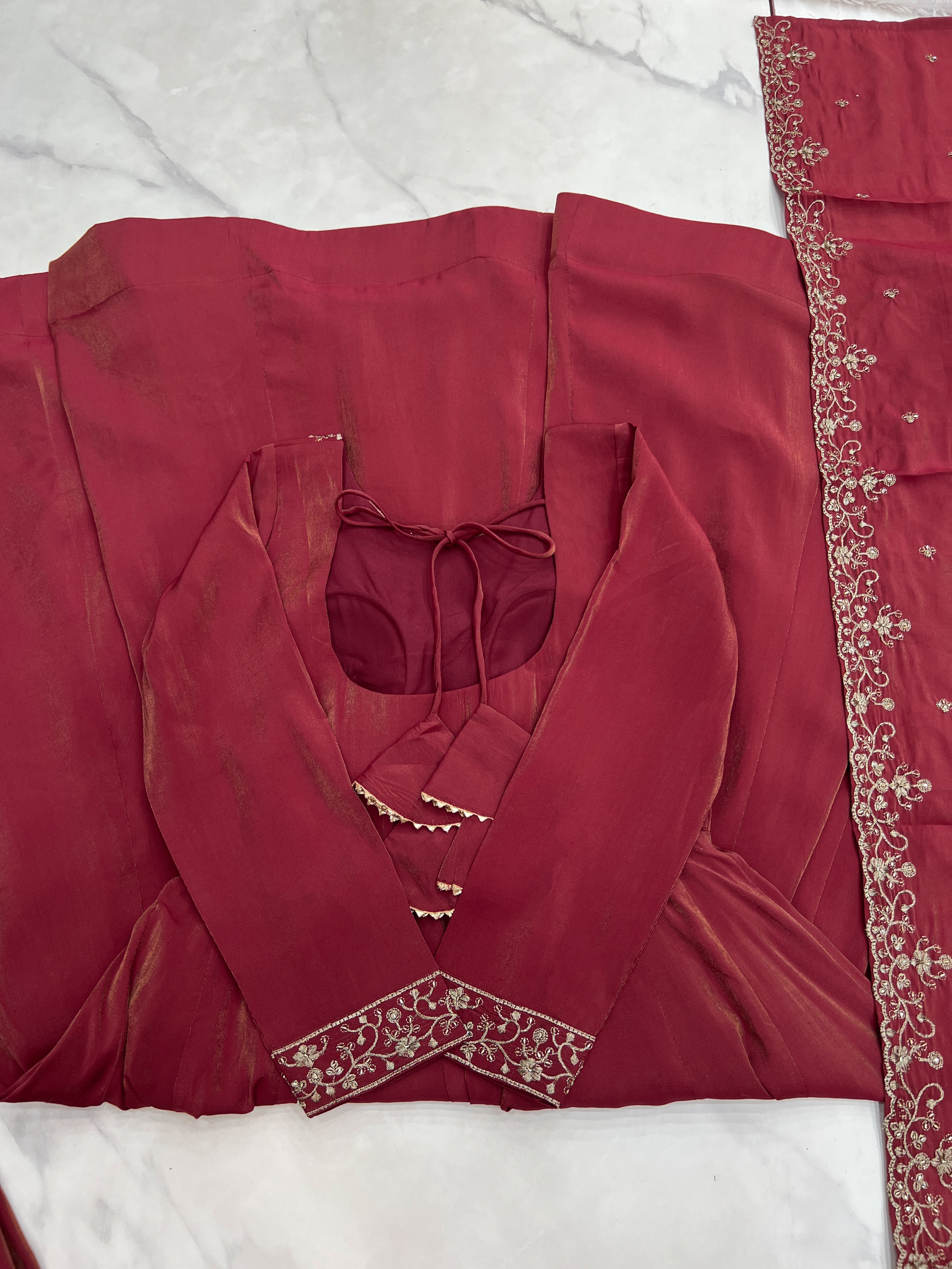 Maroon Color Shimmer Chanderi Anarkali Gown Set - Aarti Chauhan