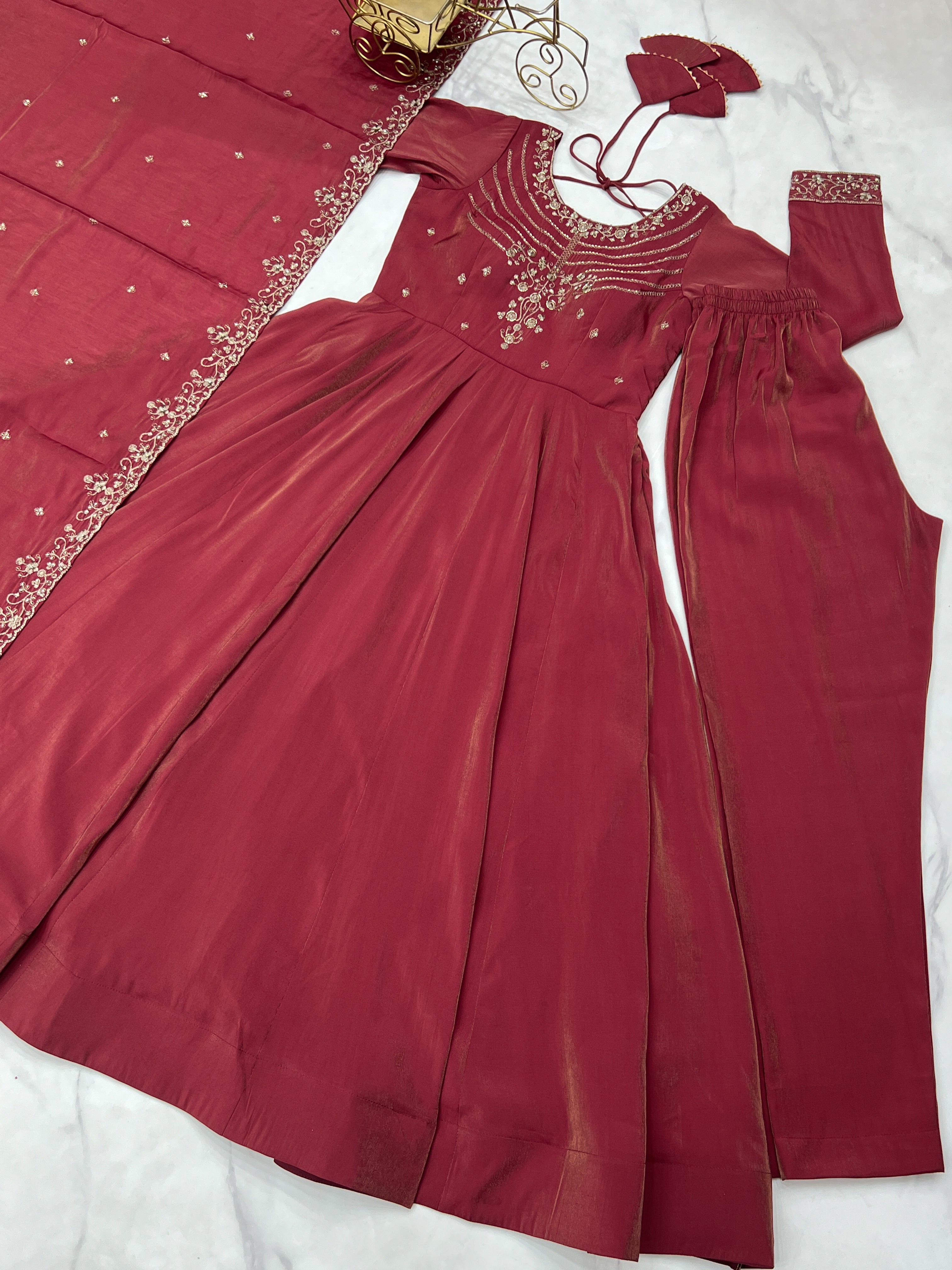 Maroon Color Shimmer Chanderi Anarkali Gown Set - Aarti Chauhan