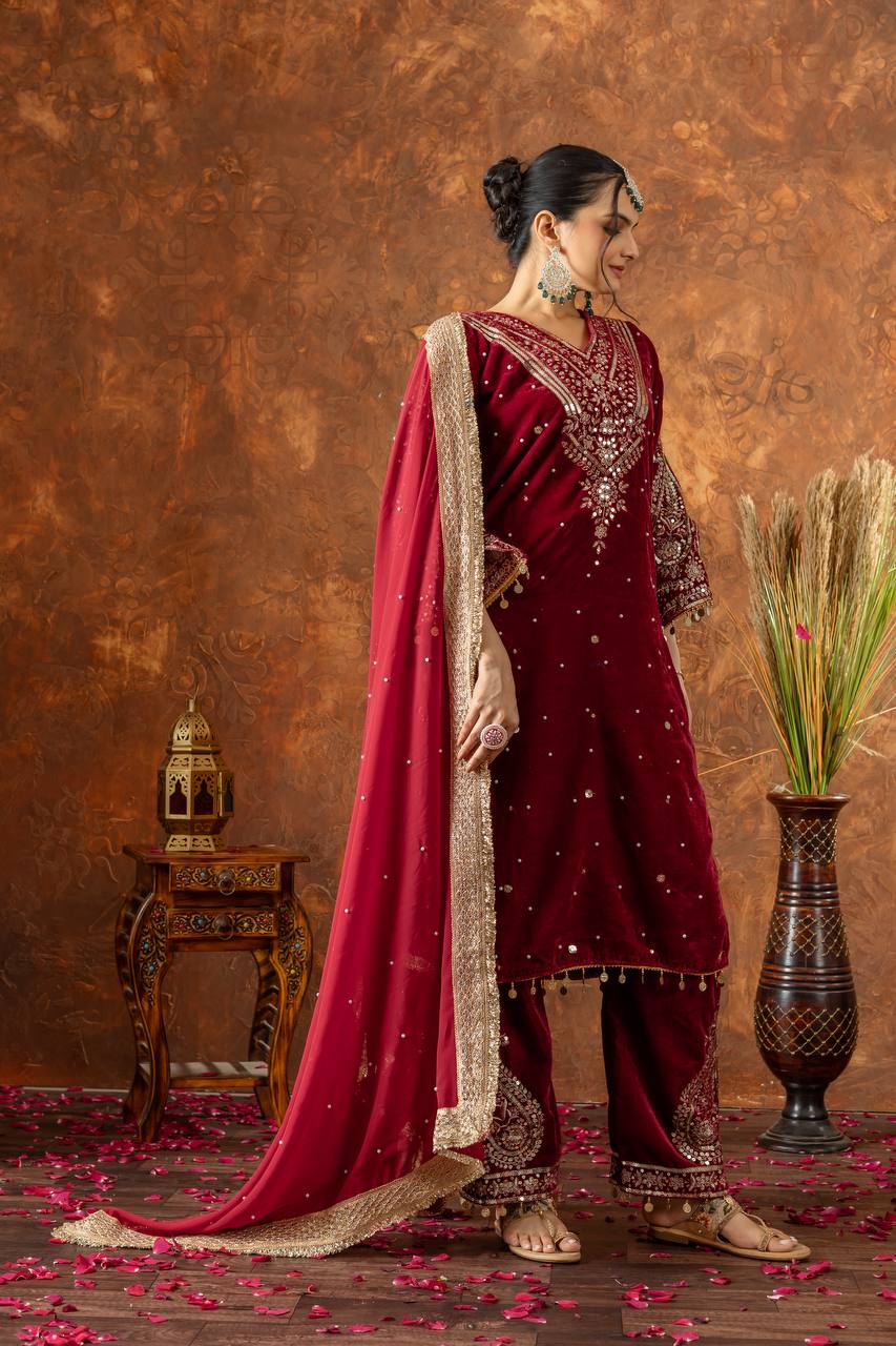 Maroon Color Winter Velvet Suit – Ready to Wear (M–XXL) | Nardev Fashion