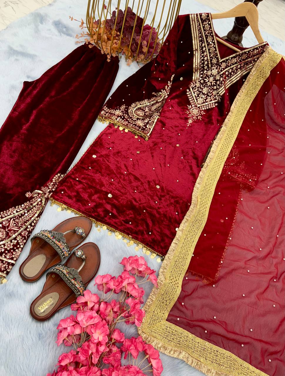 Maroon Color Winter Velvet Suit – Ready to Wear (M–XXL) | Nardev Fashion