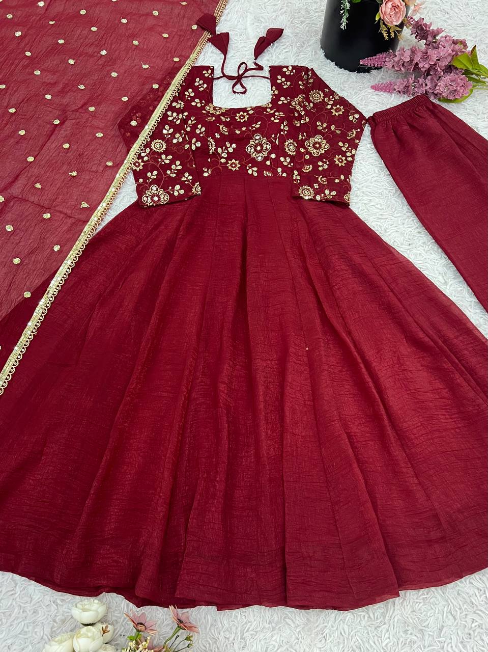 Maroonish Pink Color Flaired Anarkali Dress | Nardev Fashion