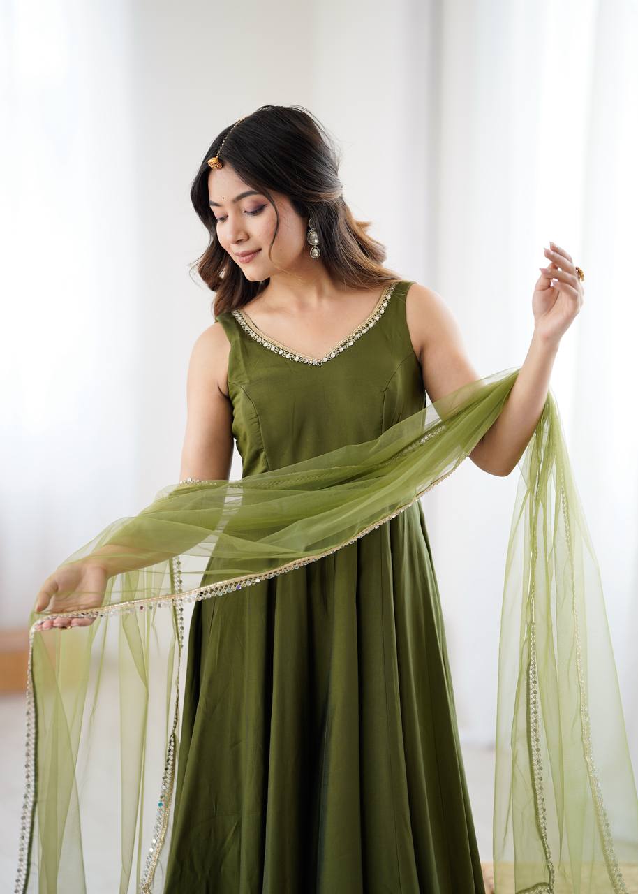 Mehendi Green Color Roman Silk Chanderi Anarkali Gown Set - Aarti Chauhan