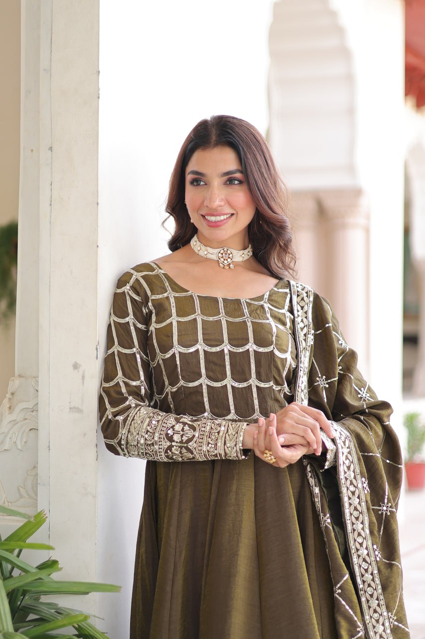 Mehendi Premium Readymade Gown with Dupatta | Wedding & Festive Wear | Nardev Fashion