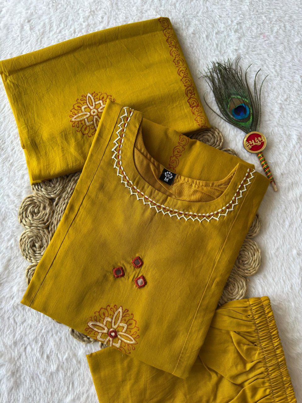 Mustard Color Cotton A-Line Kurti Pant Dupatta Set | Nardev Fashion