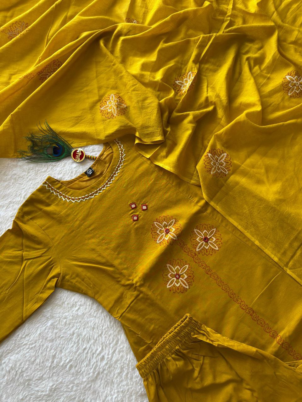 Mustard Color Cotton A-Line Kurti Pant Dupatta Set | Nardev Fashion