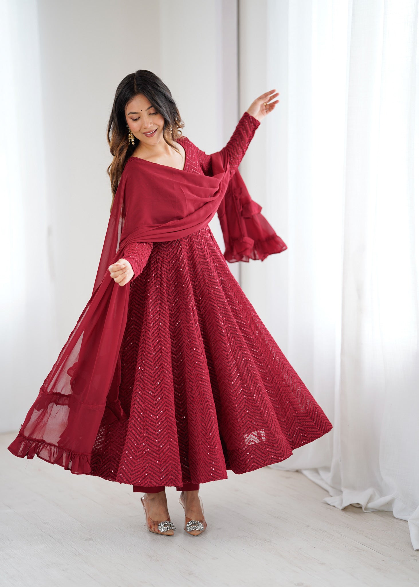 Nardev Fashion Maroon Color Lucknowi Anarkali Gown Set - Aarti Chauhan