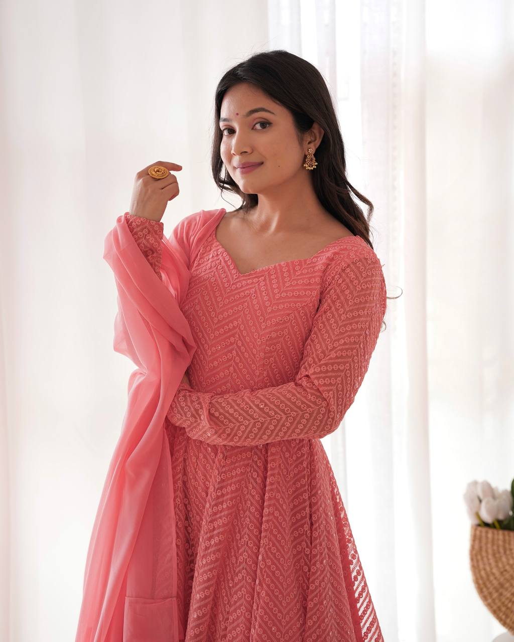 Nardev Fashion Onion Color Lucknowi Anarkali Gown Set - Aarti Chauhan