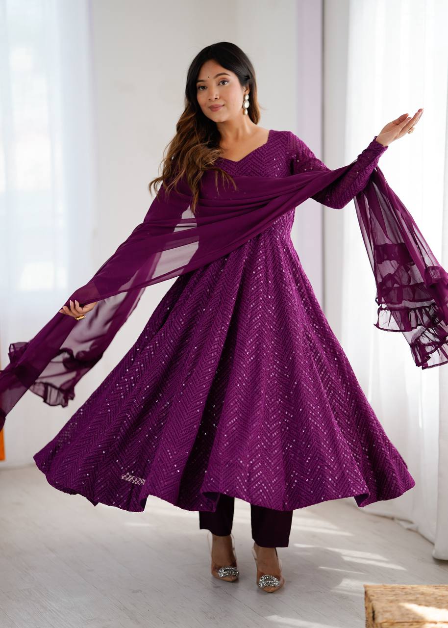 Nardev Fashion Purple Color Lucknowi Anarkali Gown Set - Aarti Chauhan
