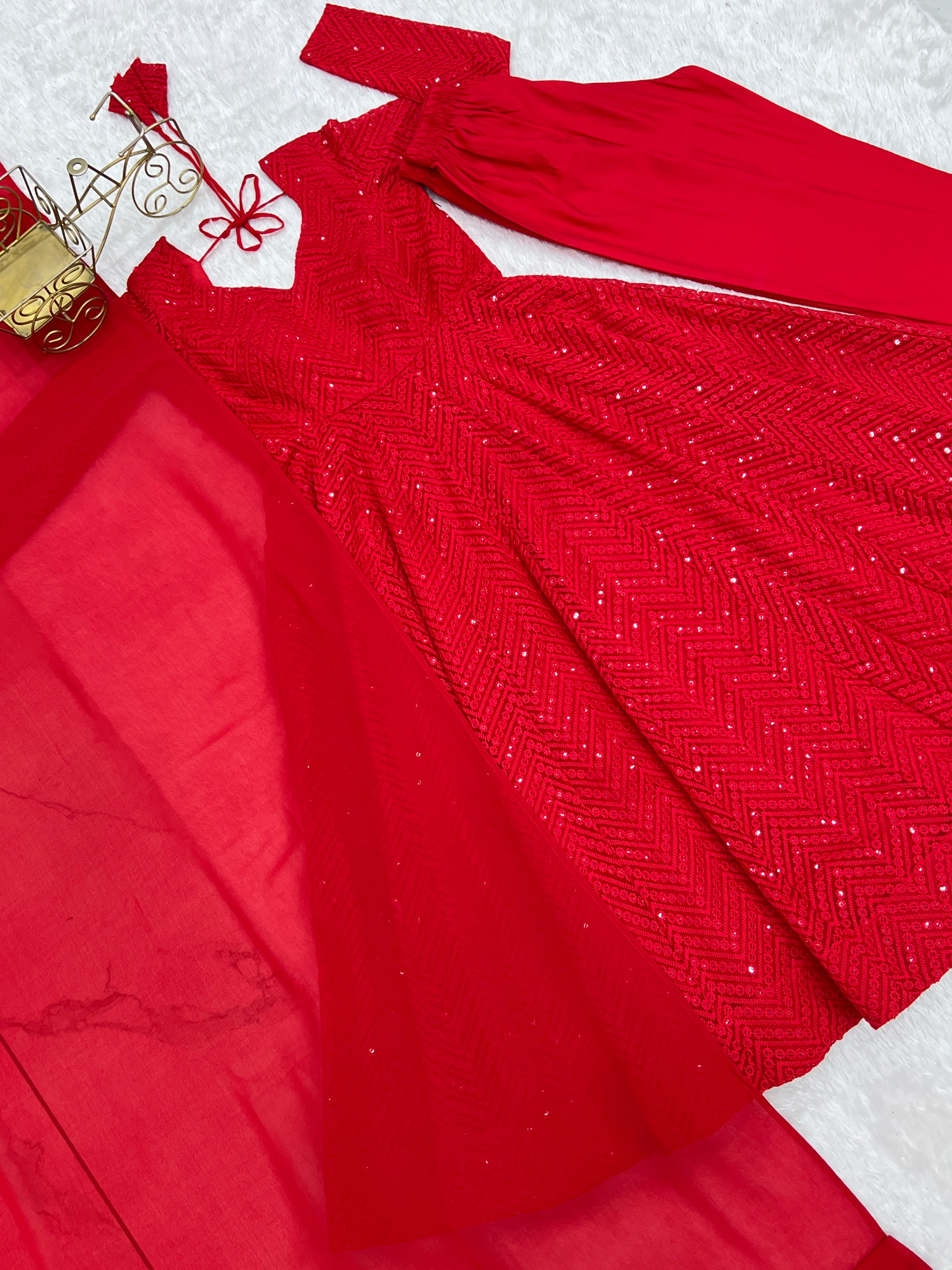 Nardev Fashion Red Color Lucknowi Anarkali Gown Set - Aarti Chauhan - Karva Chauth