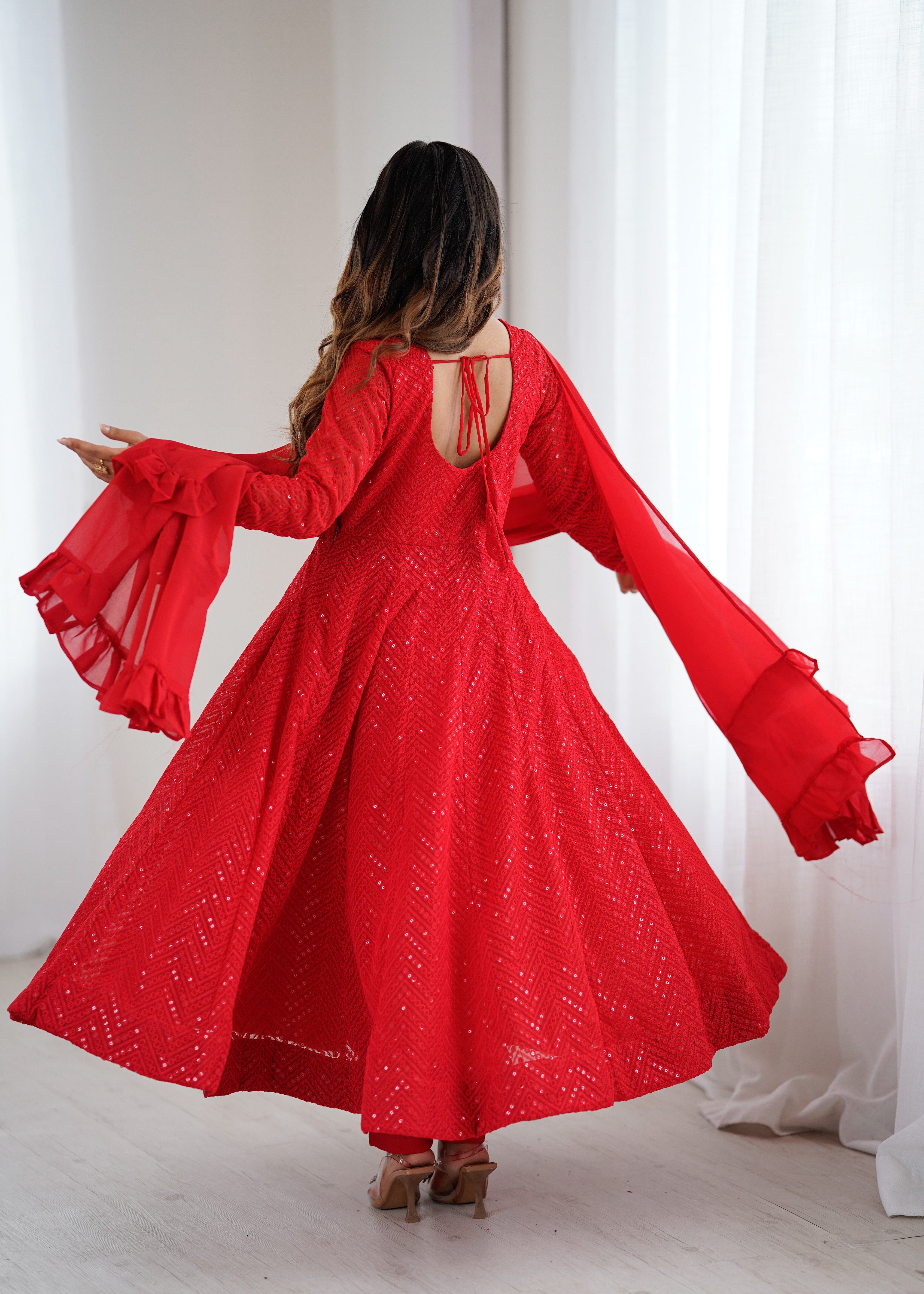 Nardev Fashion Red Color Lucknowi Anarkali Gown Set - Aarti Chauhan - Karva Chauth