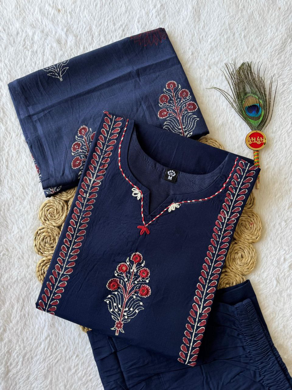 Navyblue Block Print Cotton A-Line Kurti Set | Mirror Work | Nardev Fashion