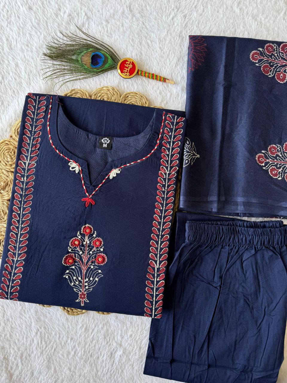 Navyblue Block Print Cotton A-Line Kurti Set | Mirror Work | Nardev Fashion