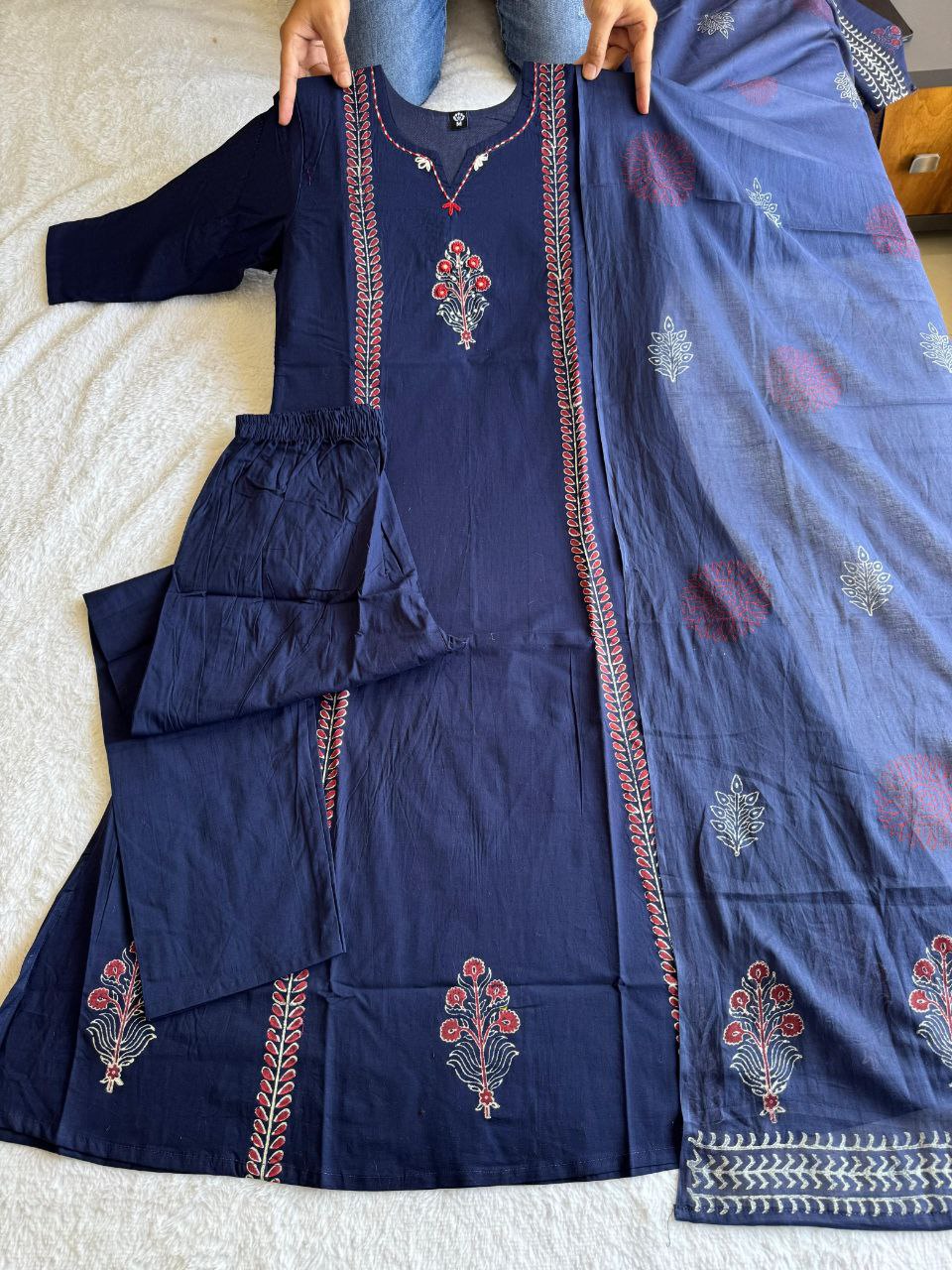 Navyblue Block Print Cotton A-Line Kurti Set | Mirror Work | Nardev Fashion