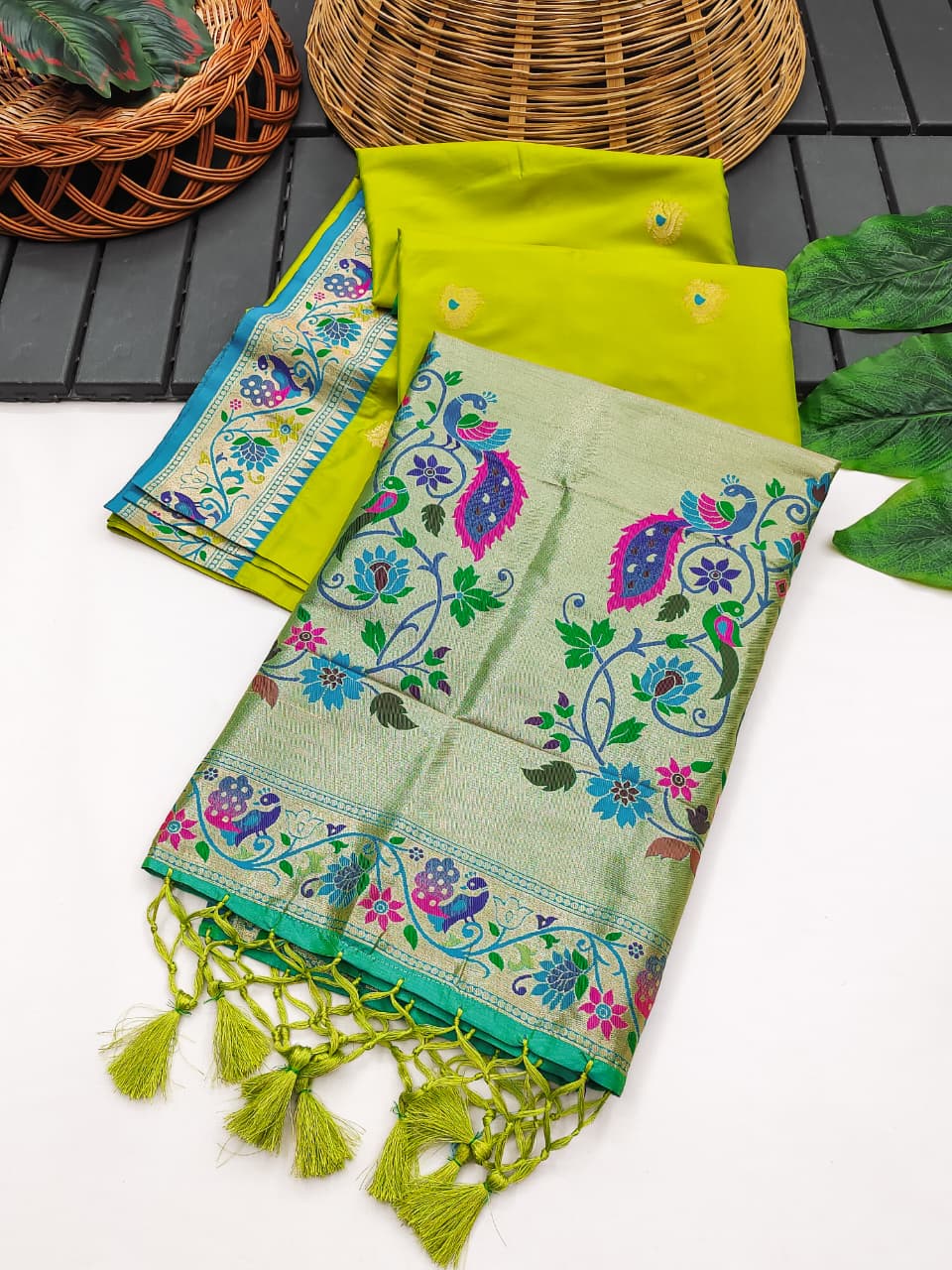 Neon Banarasi Paithani Silk Saree with Zari Pallu | Soft Silk Saree – Nardev Fashion
