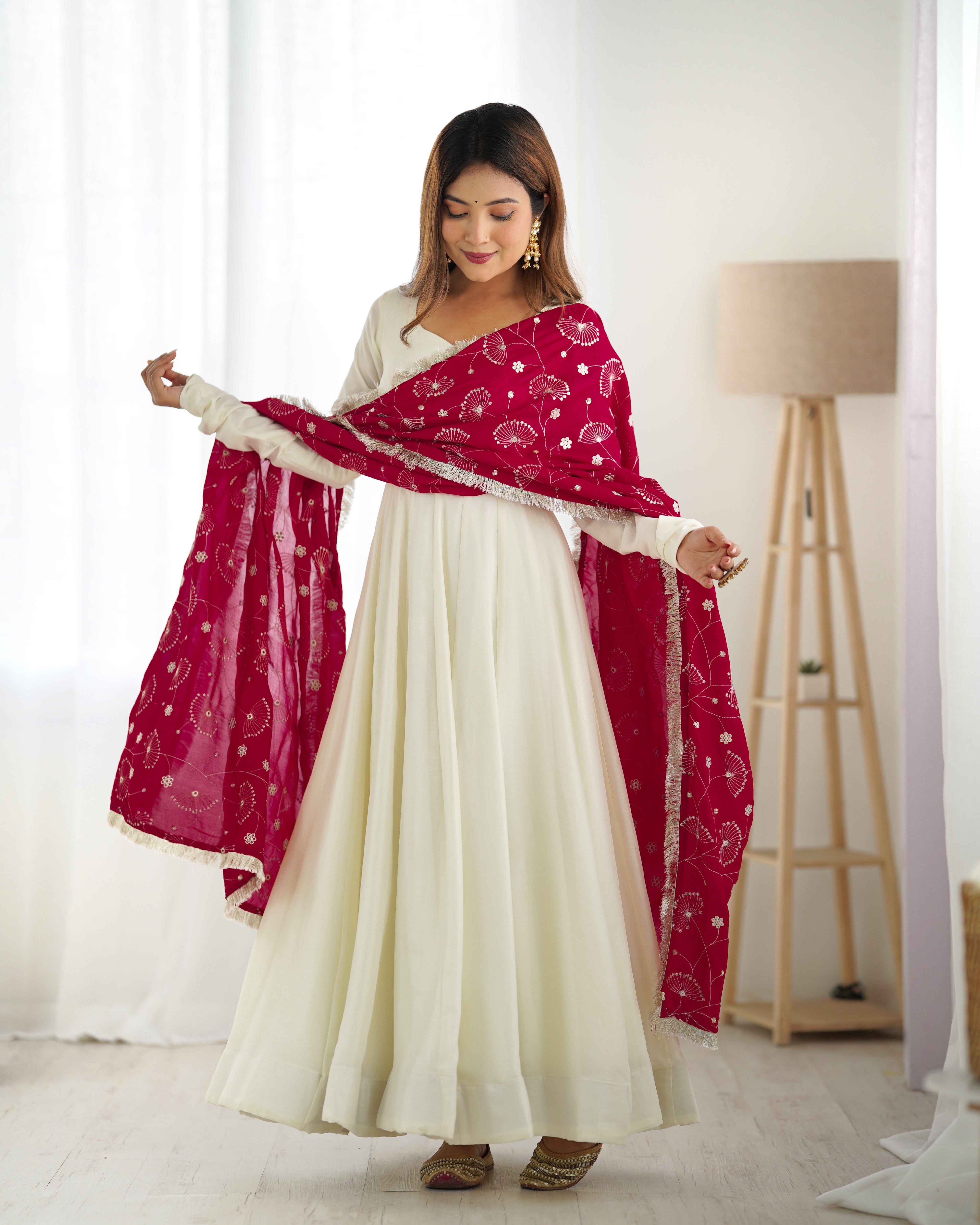Off White Anarkali Gown With Pant & Dupatta Set