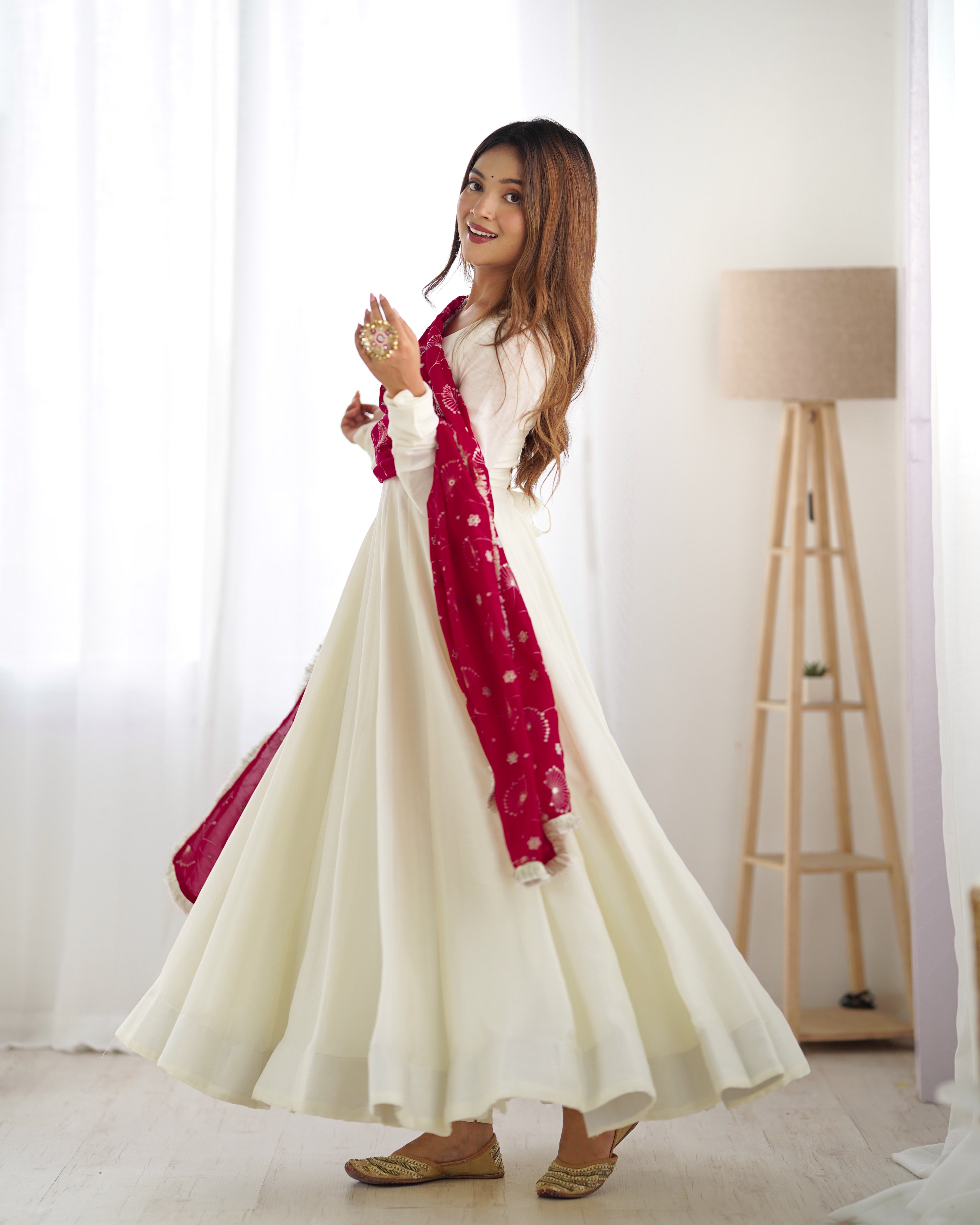 Off White Anarkali Gown With Pant & Dupatta Set