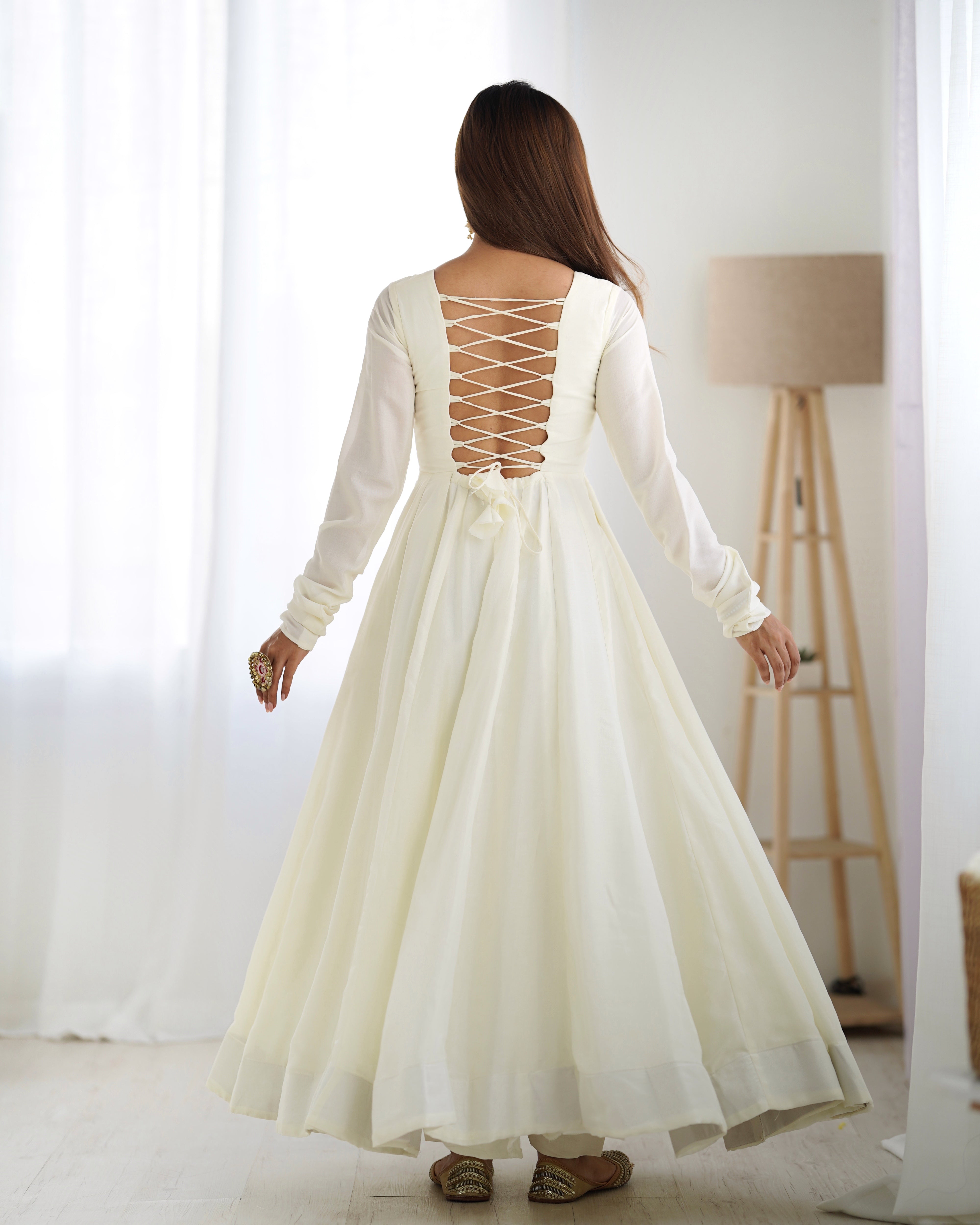 Off White Anarkali Gown With Pant & Dupatta Set