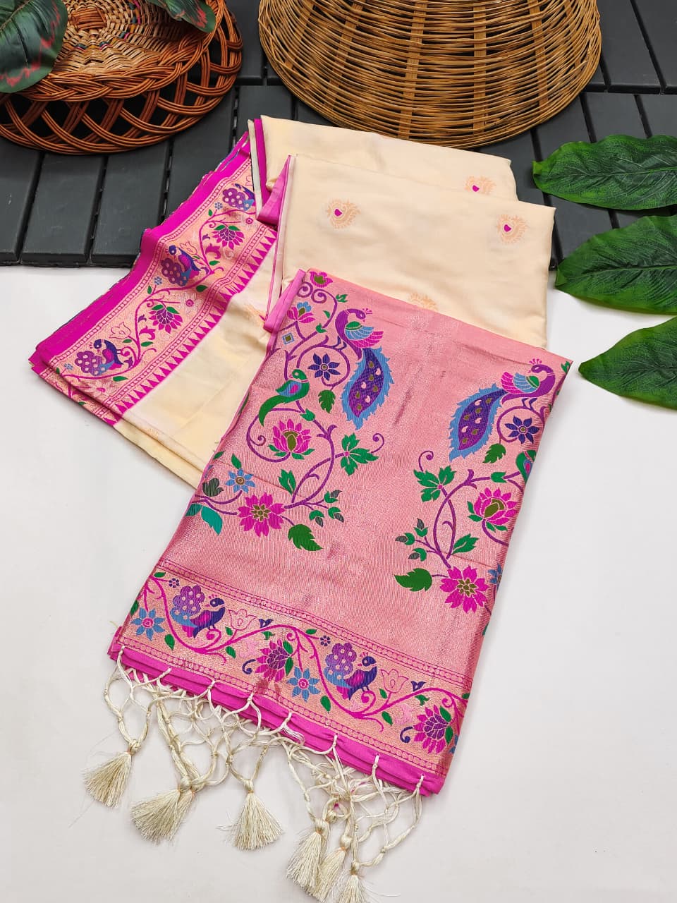 Off White Banarasi Paithani Silk Saree with Zari Pallu | Soft Silk Saree – Nardev Fashion