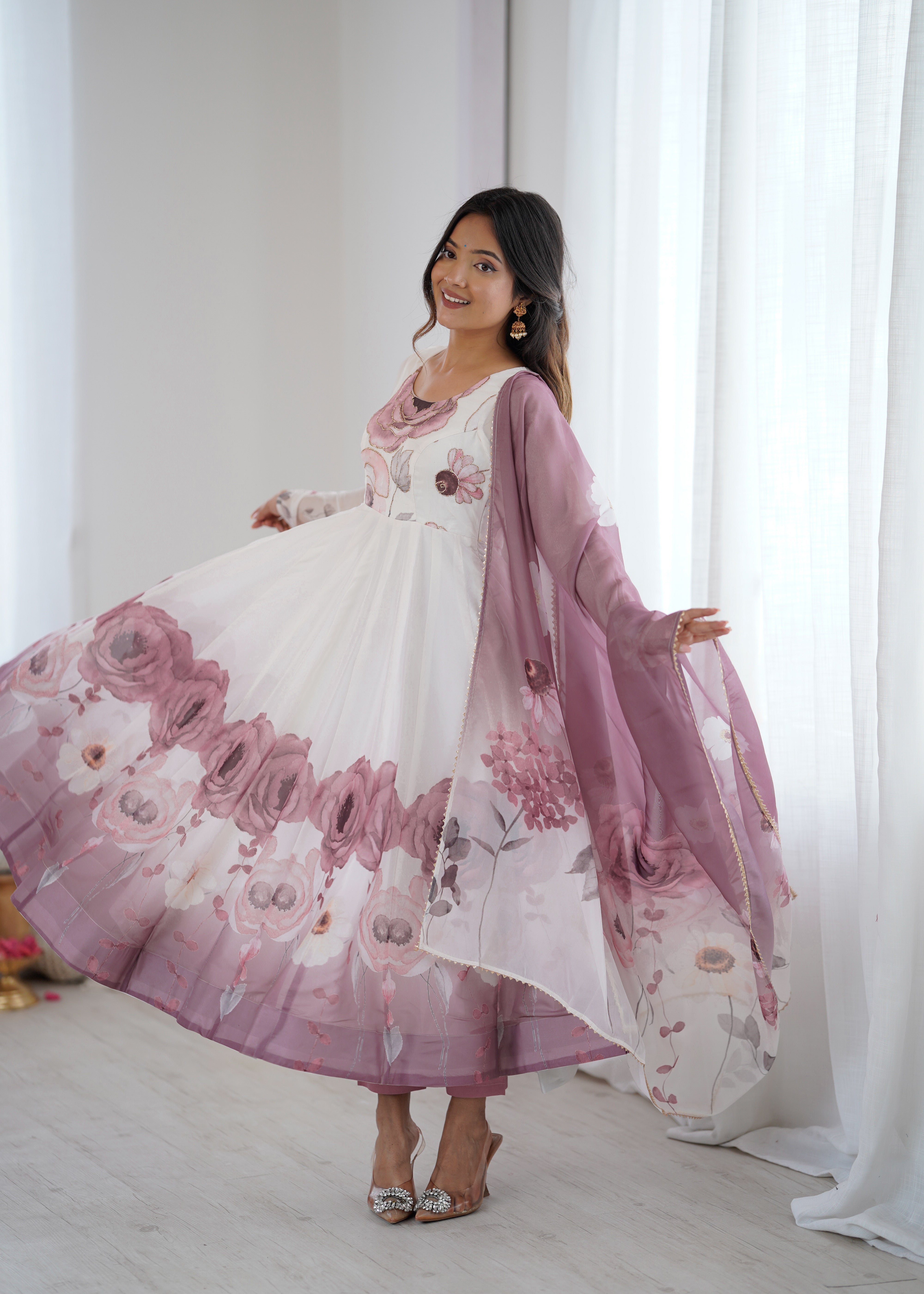 Onion Pink Color Festival Floral Anarkali Set - Aarti Chauhan