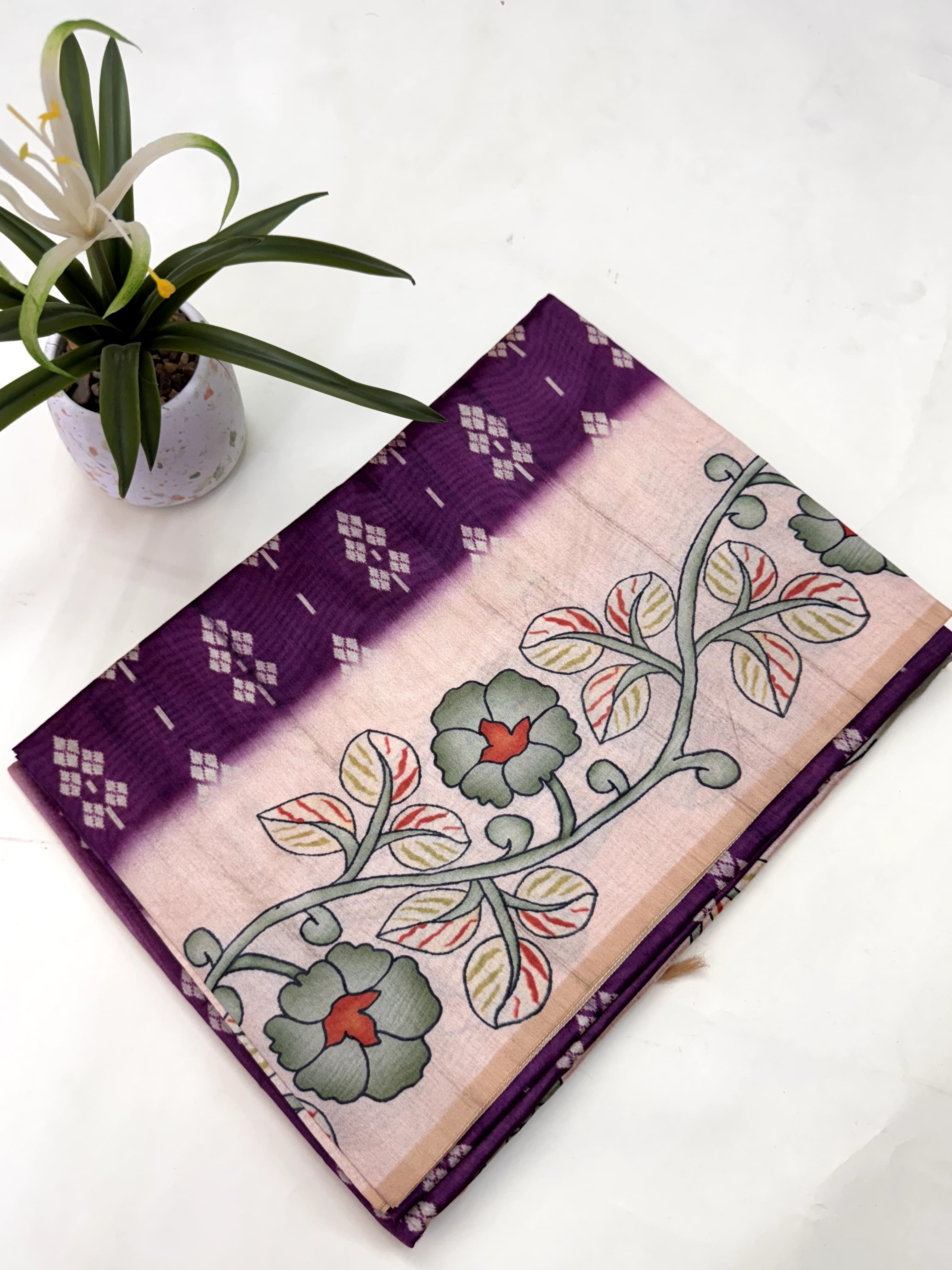 Soft Tussar Silk Saree with Ikat Pattern & Kalamkari Border | Designer Traditional Saree