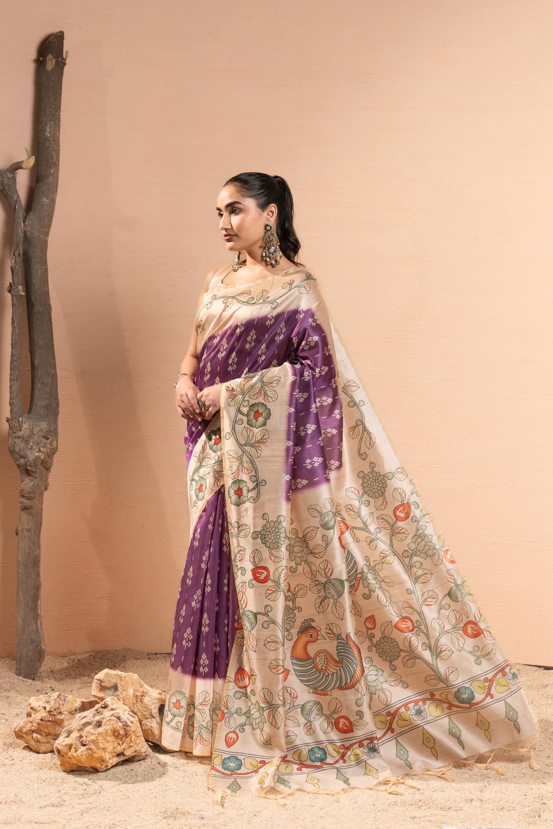 Soft Tussar Silk Saree with Ikat Pattern & Kalamkari Border | Designer Traditional Saree