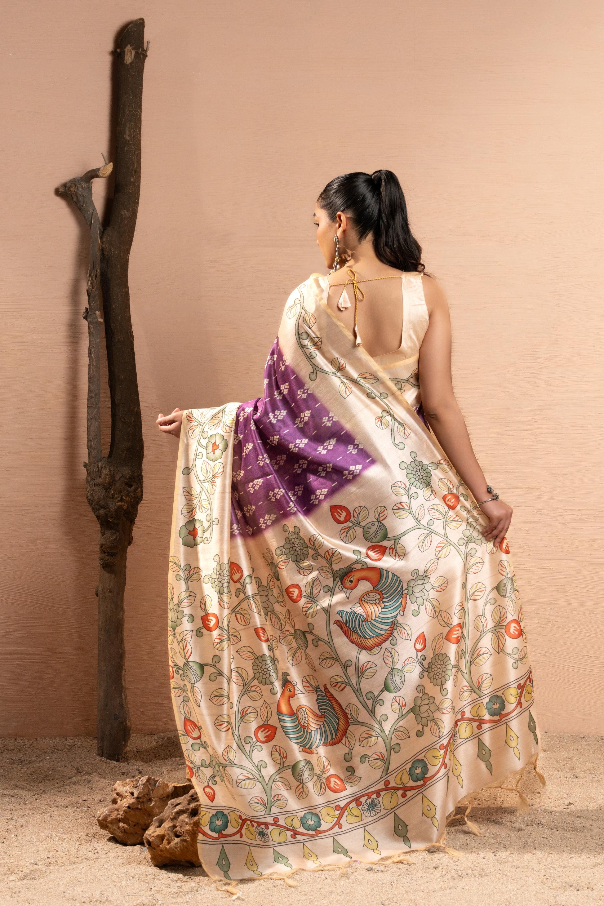 Soft Tussar Silk Saree with Ikat Pattern & Kalamkari Border | Designer Traditional Saree