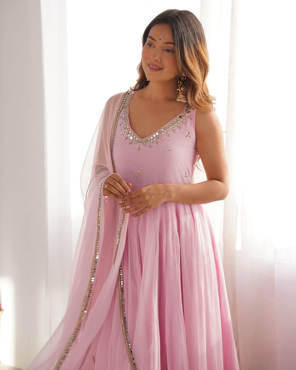 Pastel Pink Mirror Work Anarkali Suit Set with Dupatta