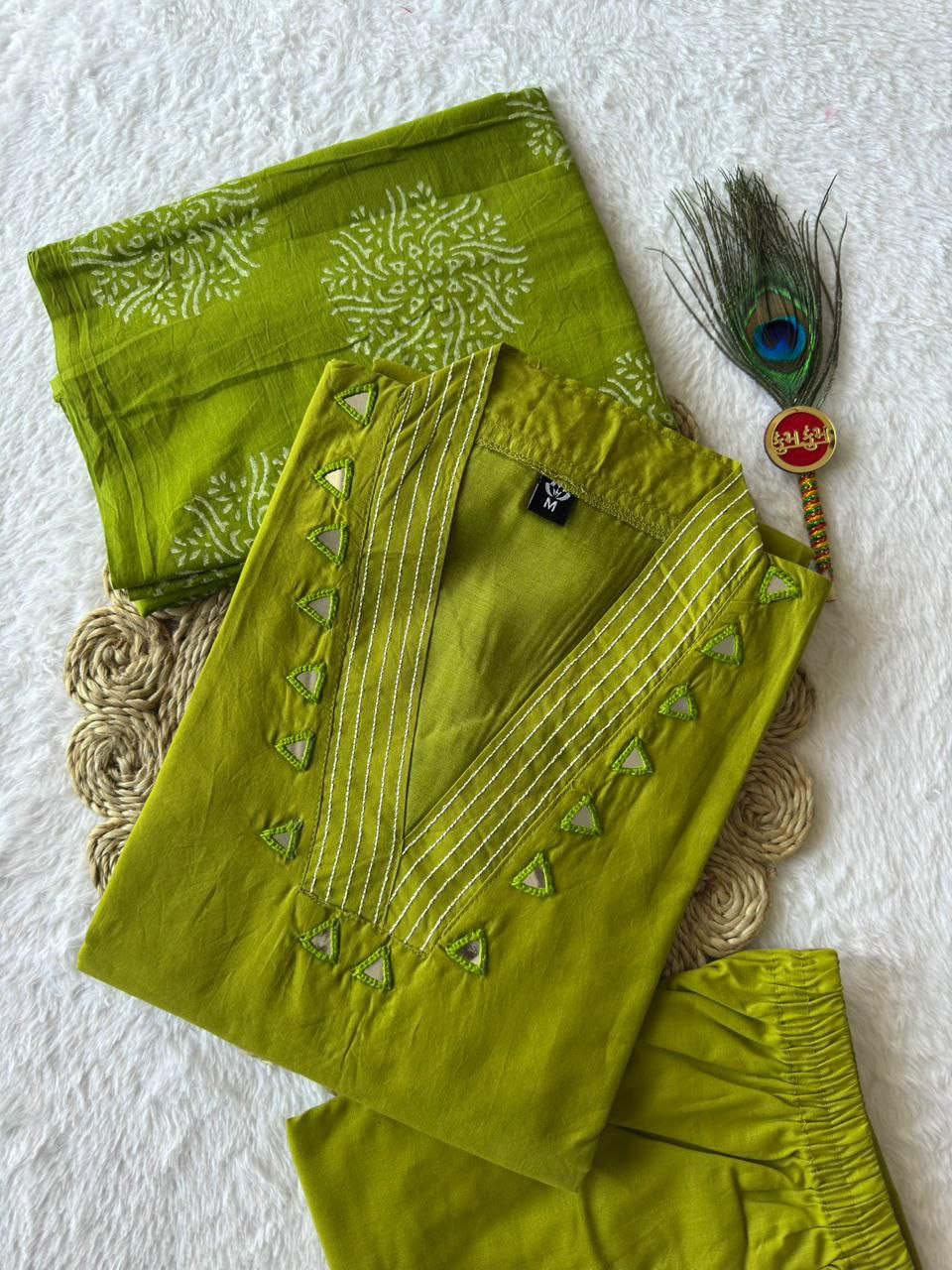 Parrot Color Cotton A-Line Kurti Pant Dupatta Set | Nardev Fashion