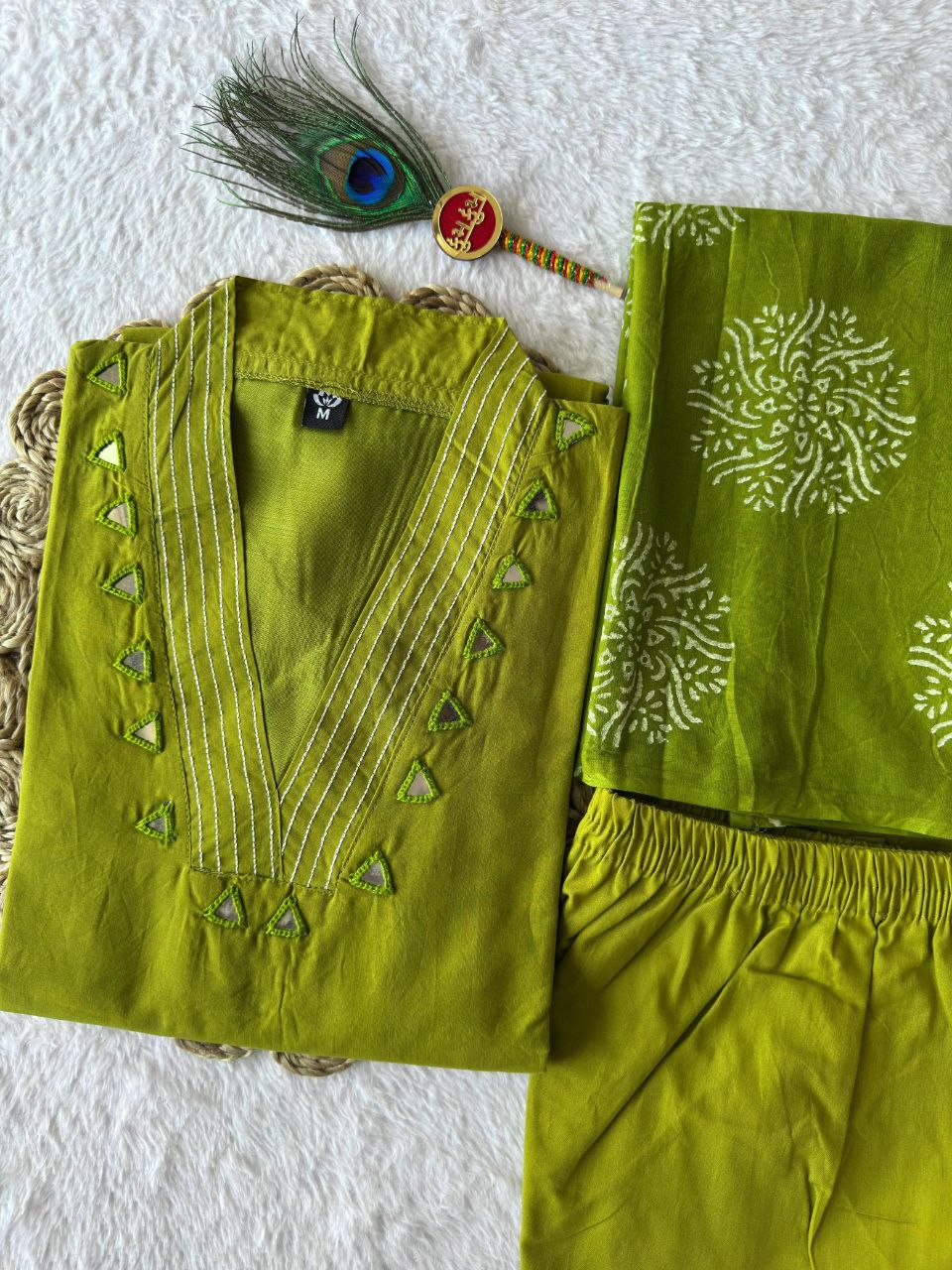 Parrot Color Cotton A-Line Kurti Pant Dupatta Set | Nardev Fashion