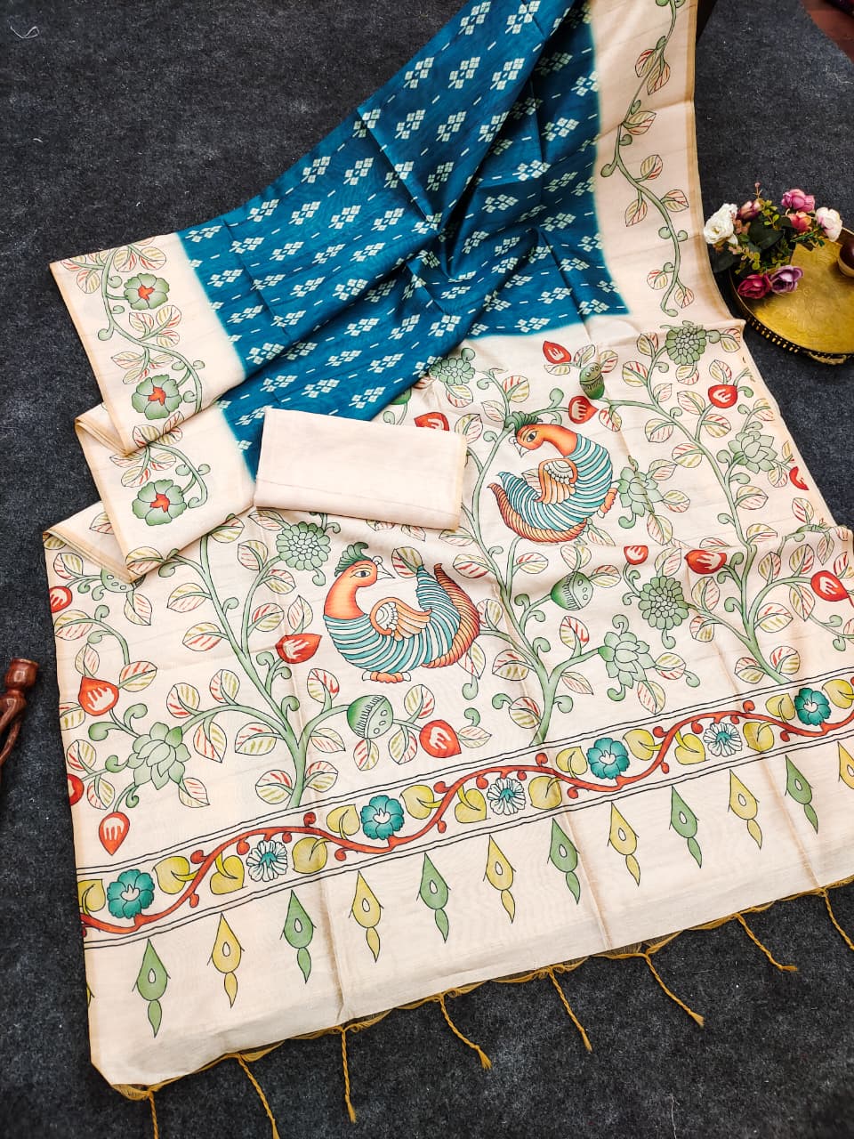 Soft Tussar Silk Saree with Ikat Pattern & Kalamkari Border | Designer Traditional Saree