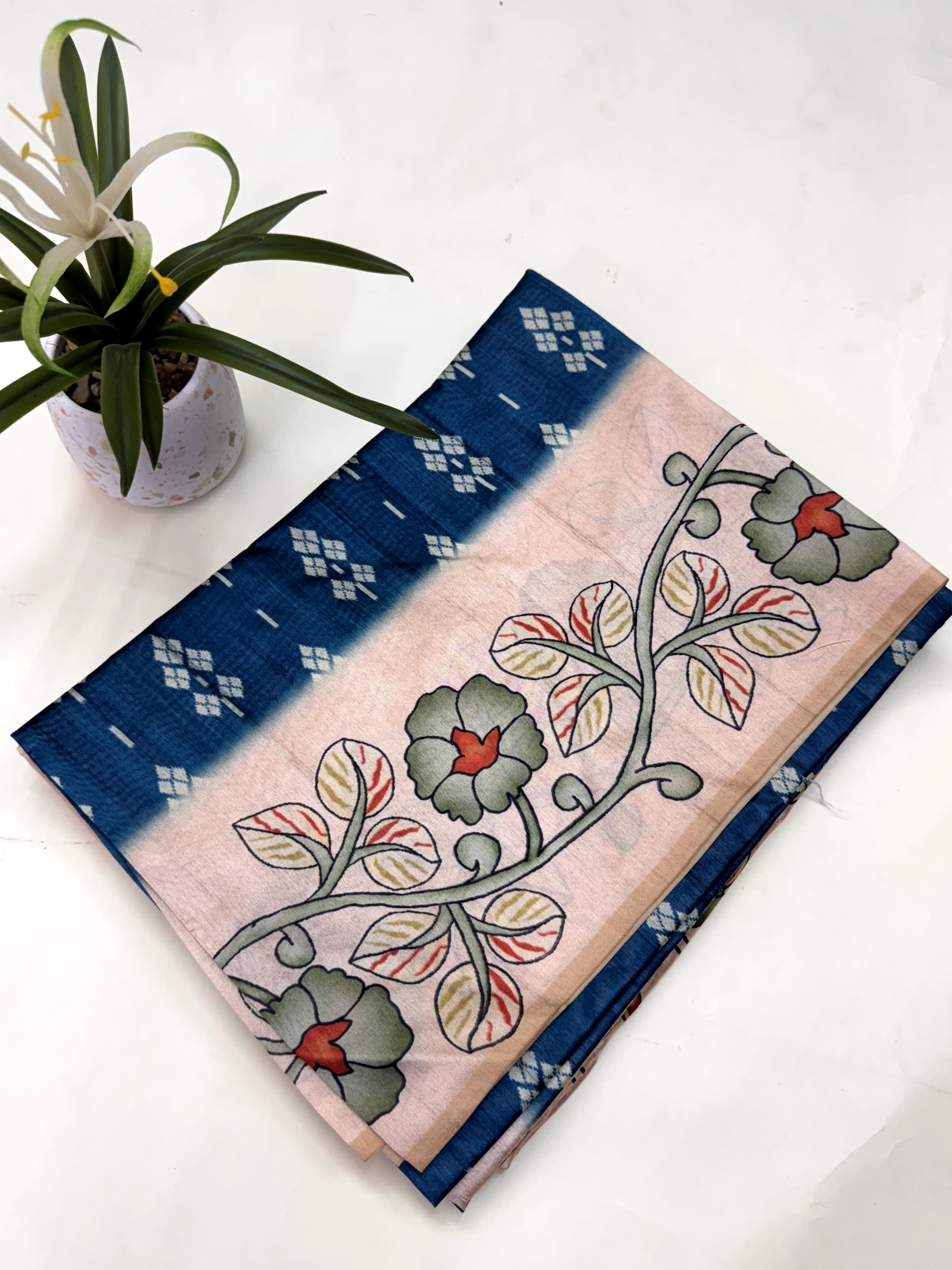 Soft Tussar Silk Saree with Ikat Pattern & Kalamkari Border | Designer Traditional Saree
