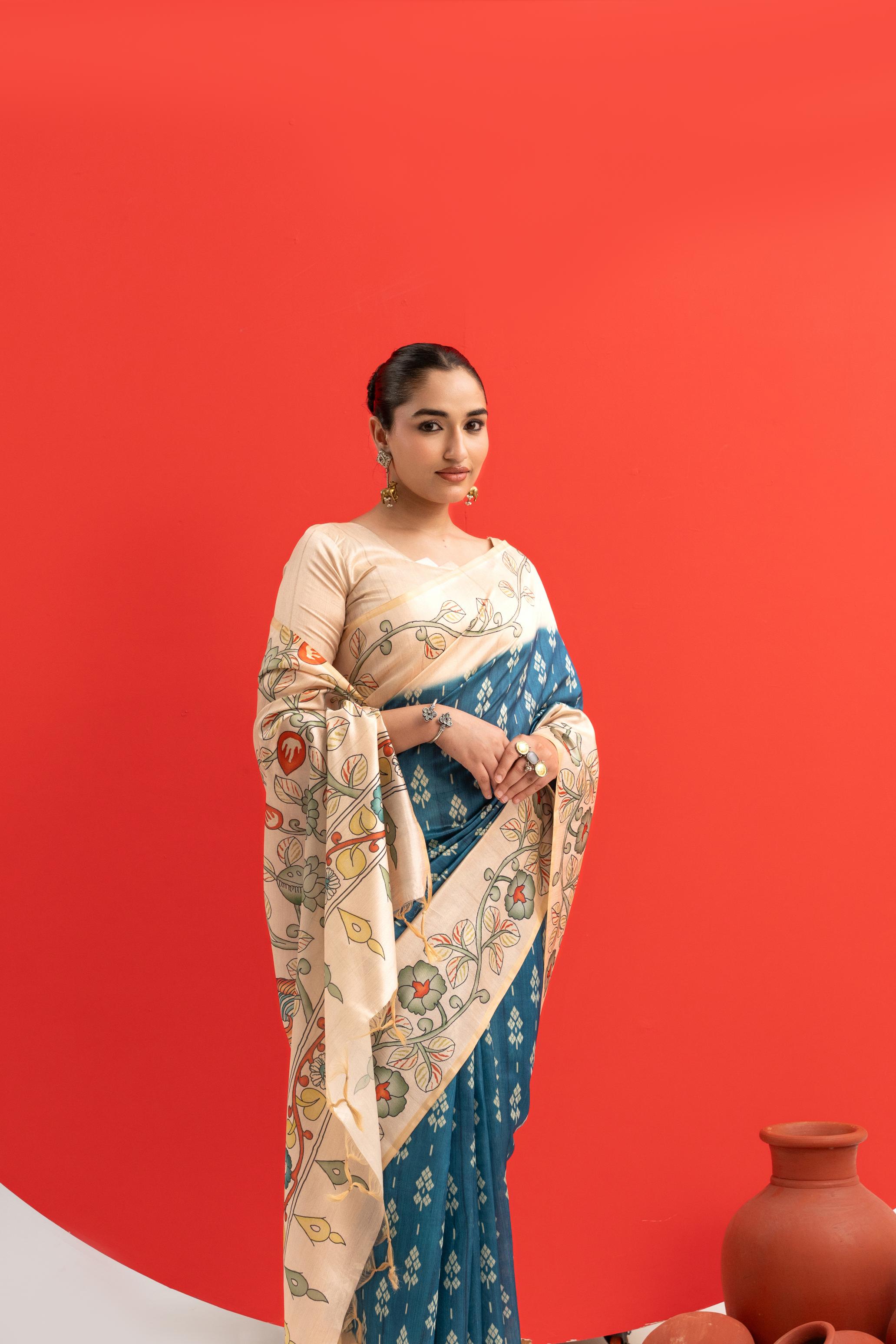 Soft Tussar Silk Saree with Ikat Pattern & Kalamkari Border | Designer Traditional Saree