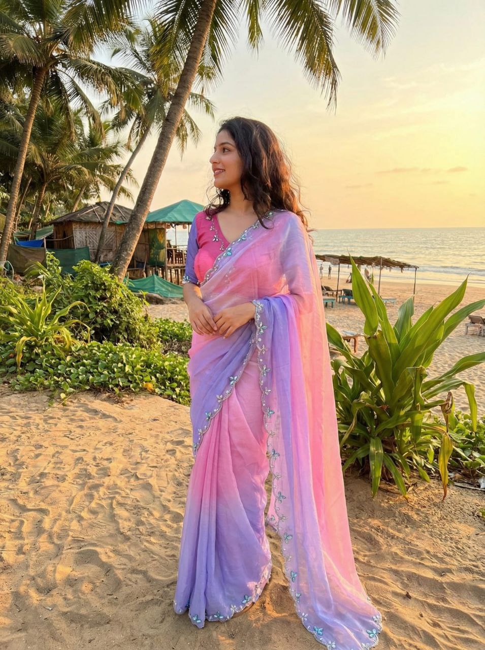 Pink Blue Partywear Saree with Stitched Blouse | Nardev Fashion