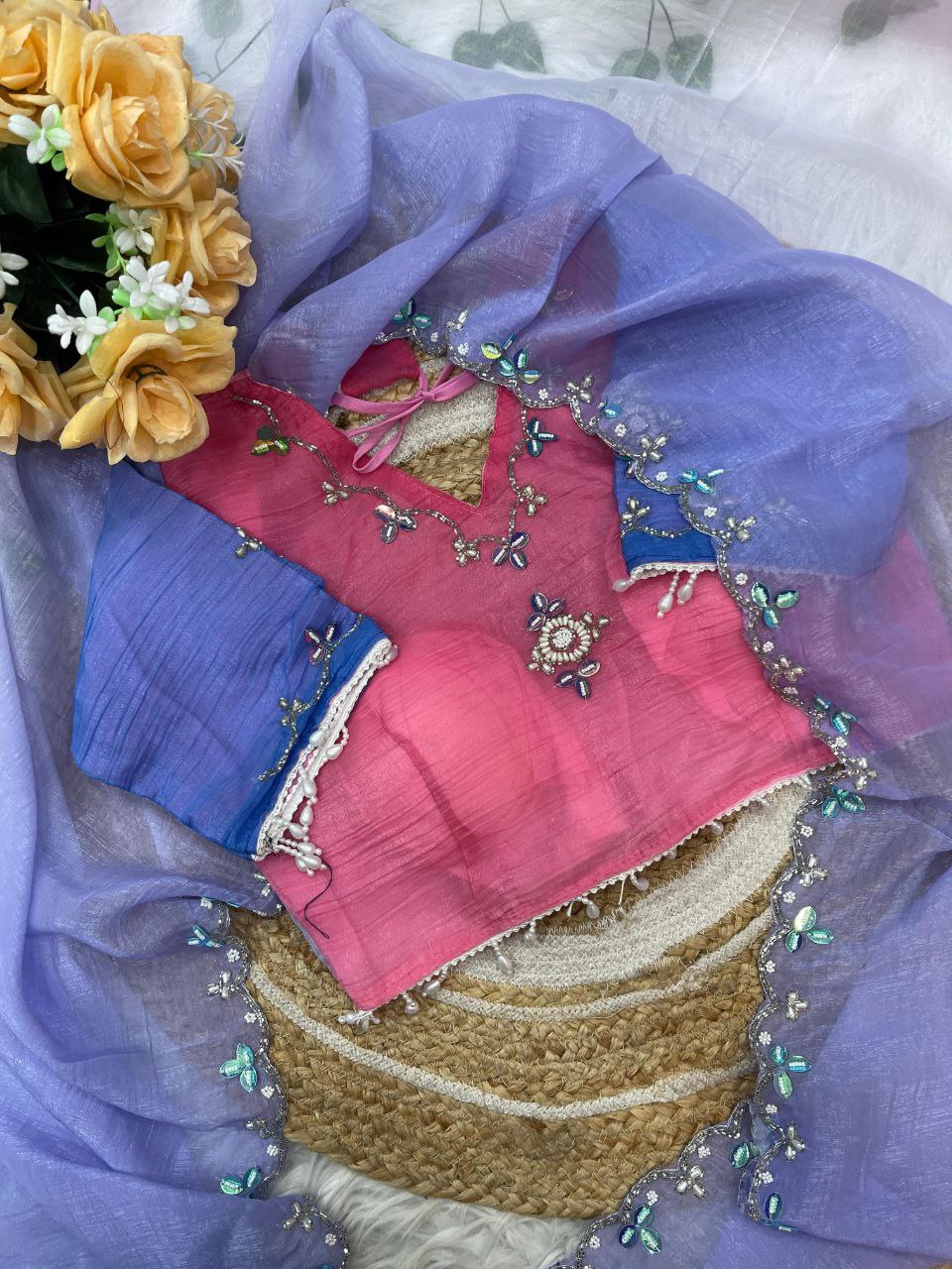 Pink Blue Partywear Saree with Stitched Blouse | Nardev Fashion