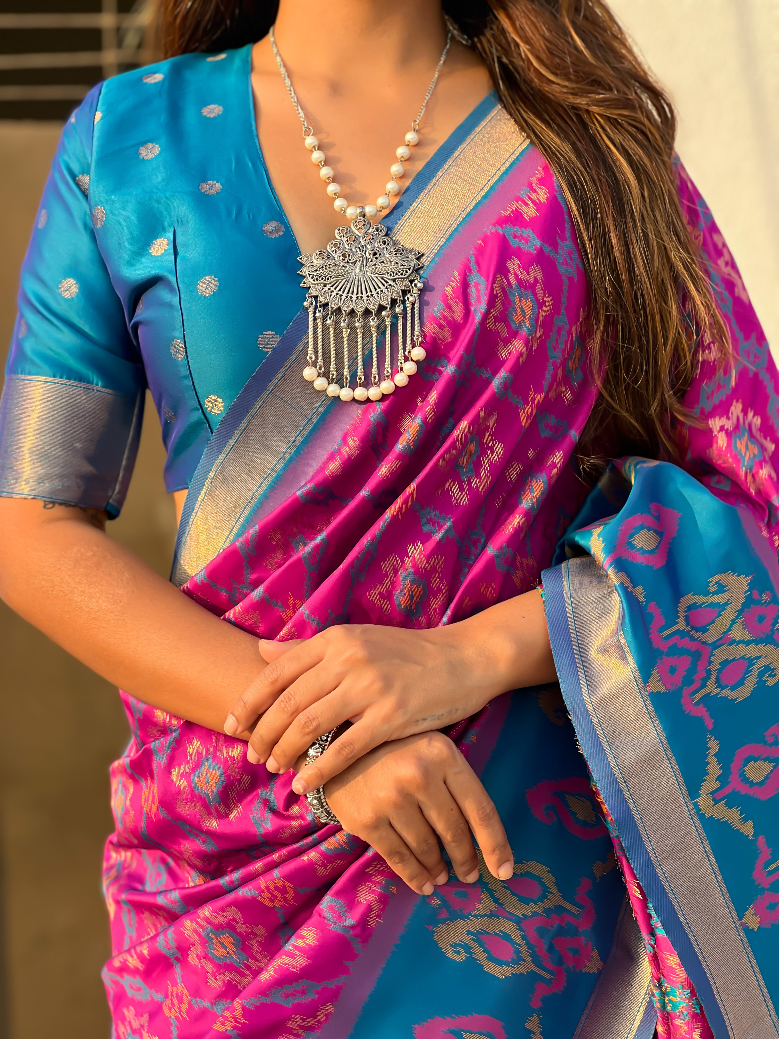 Pink Color Ikkat Patola Silk Ethnic Saree