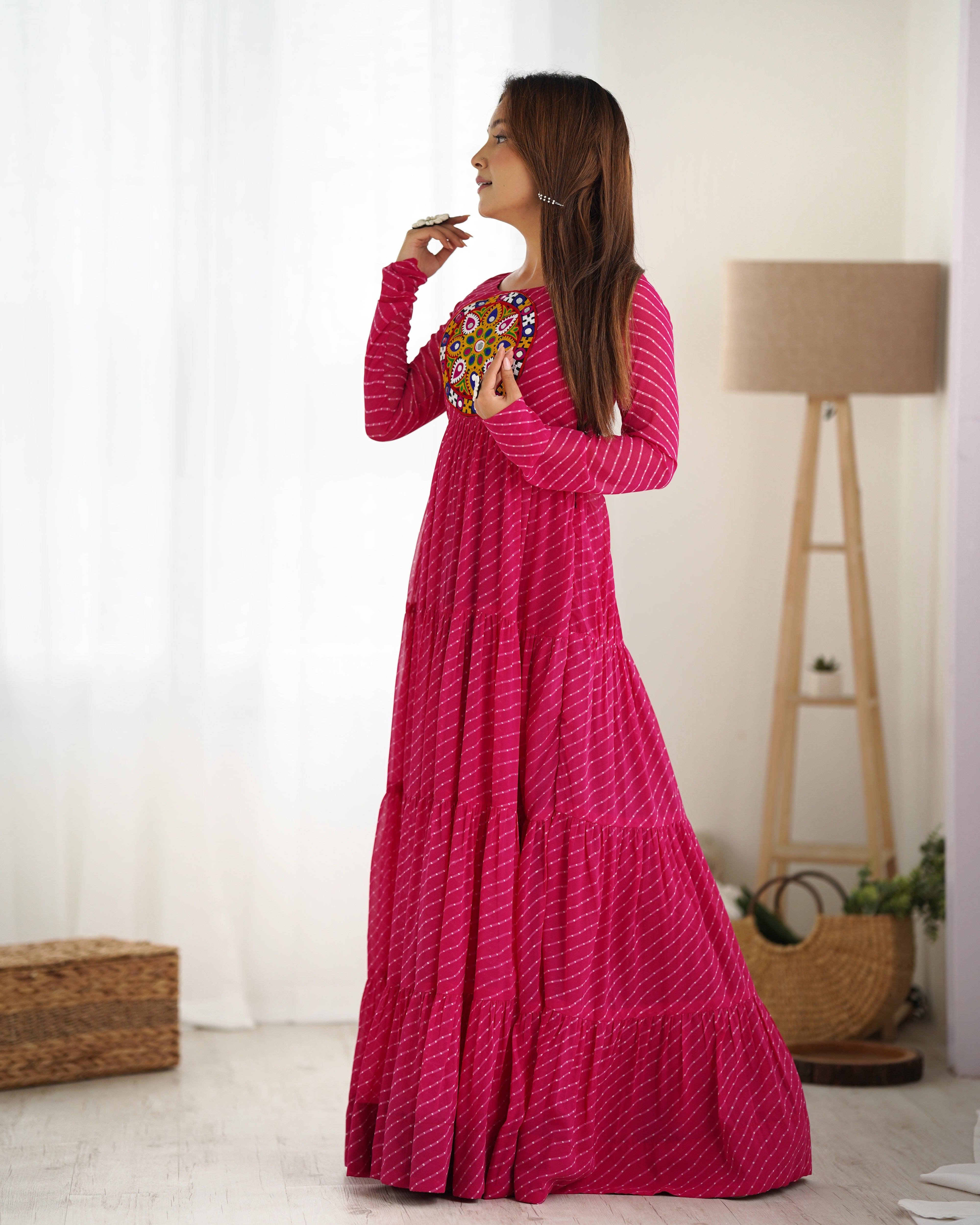 Pink Color Lehariya Print Gamthi Work Dress - Navratri Collections 2025