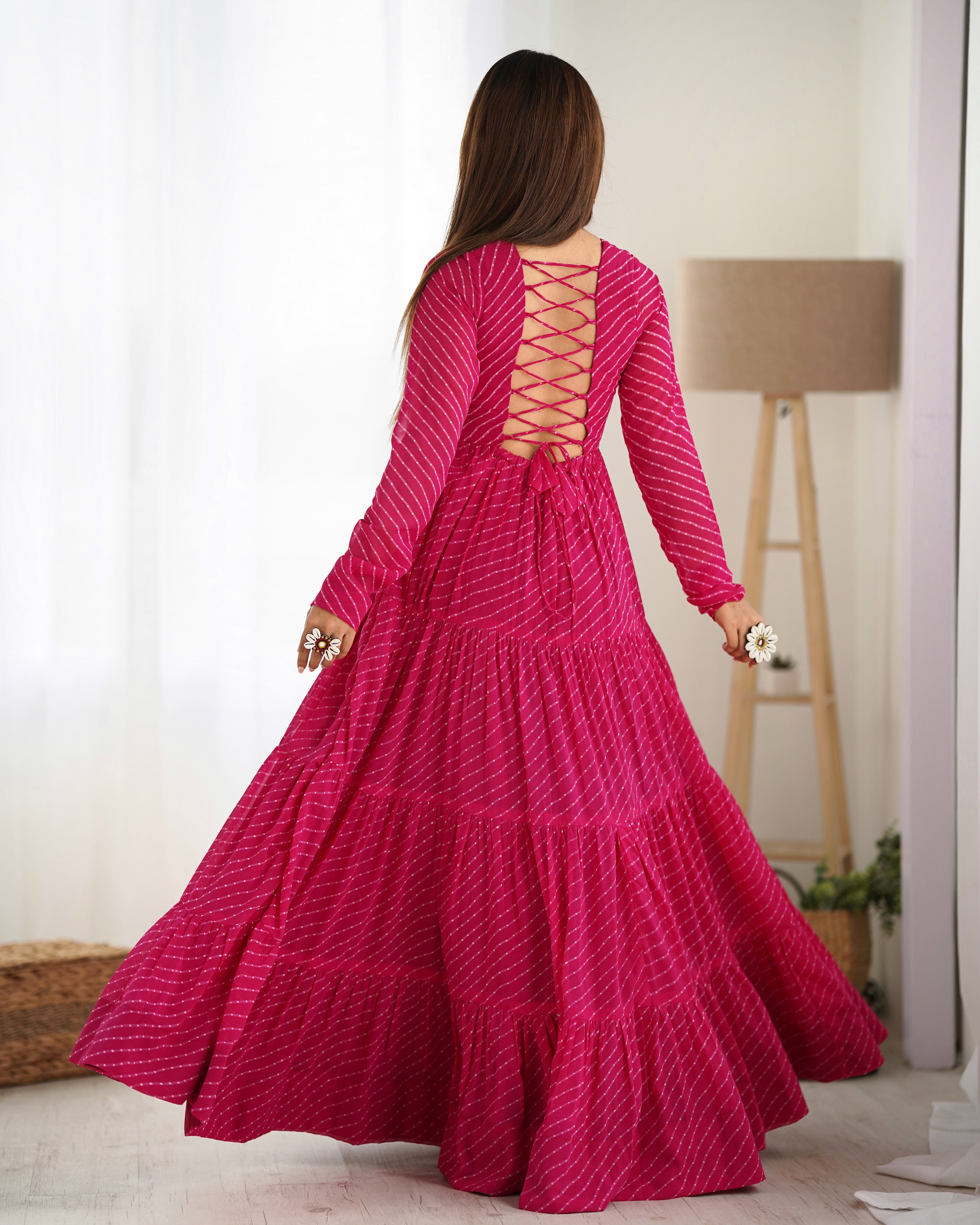 Pink Color Lehariya Print Gamthi Work Dress - Navratri Collections 2025