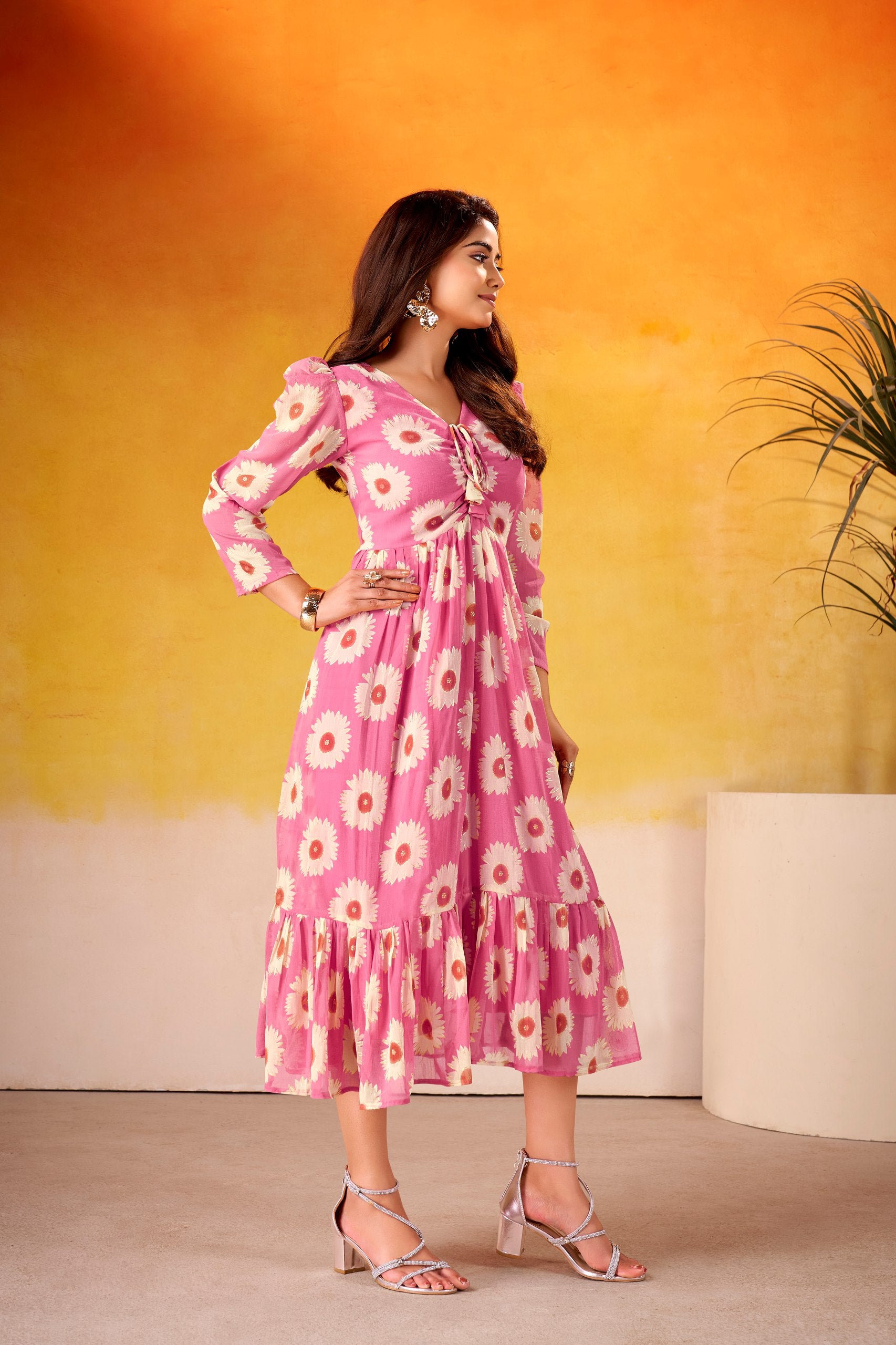 Pink Girlish Frock - Floral Print Midi Gown | Nardev Fashion